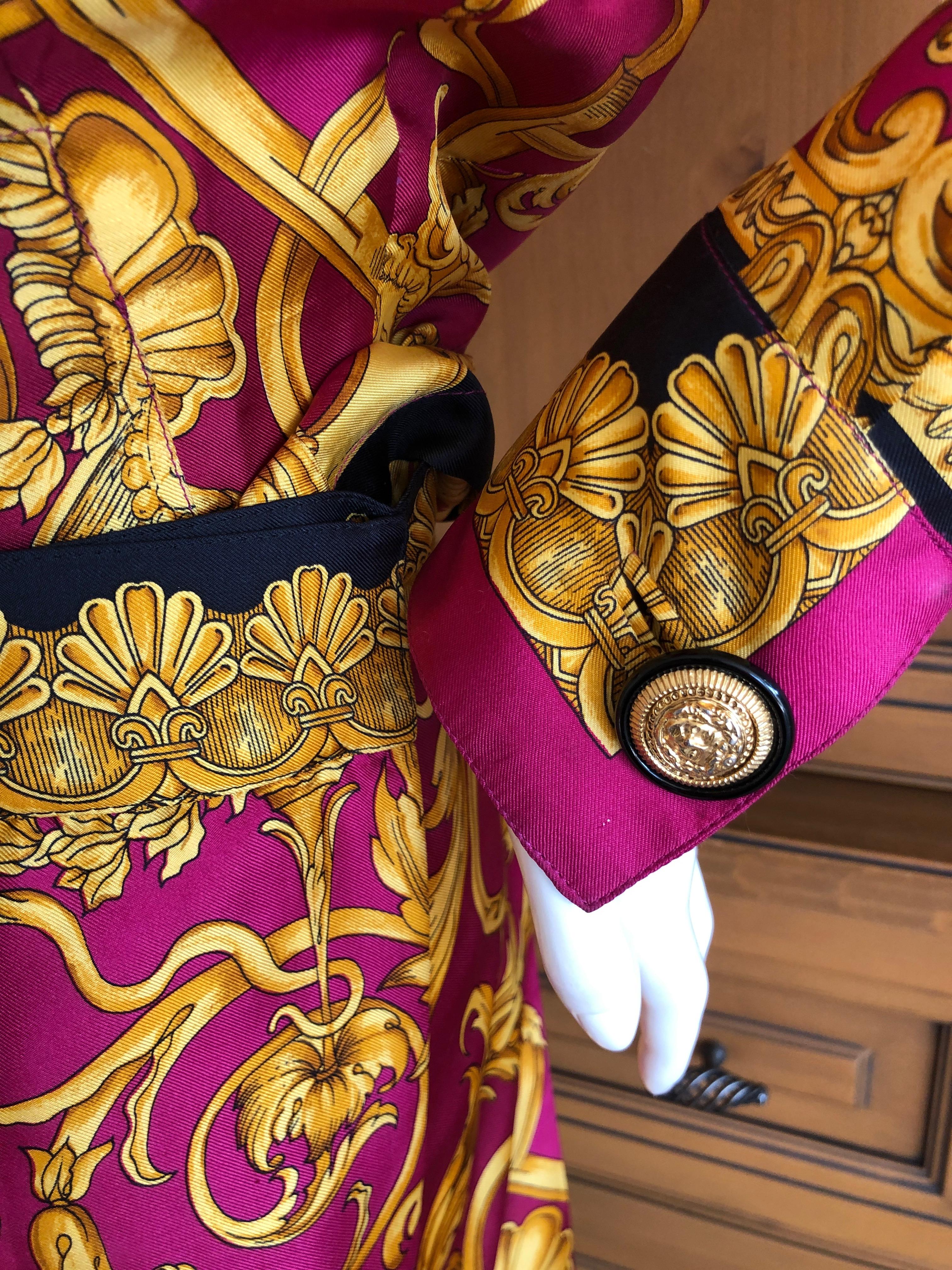 Gianni Versace 1987 Fuchsia and Gold Baroque Print Pleated Mini Skirt Suit For Sale 5
