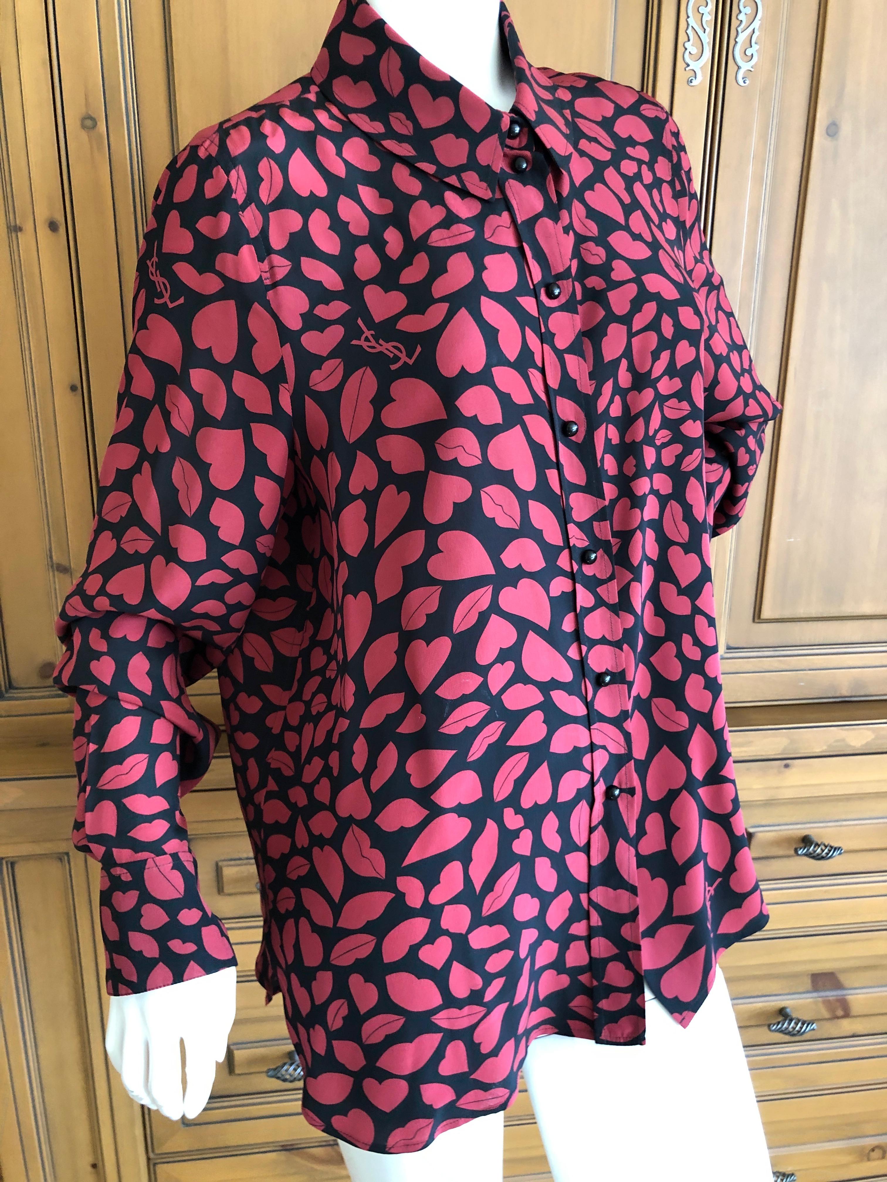 Yves Saint Laurent Vintage Heart and Lips Print Snap Front Blouse
There is no size tag, but it is size Large
Bust 40