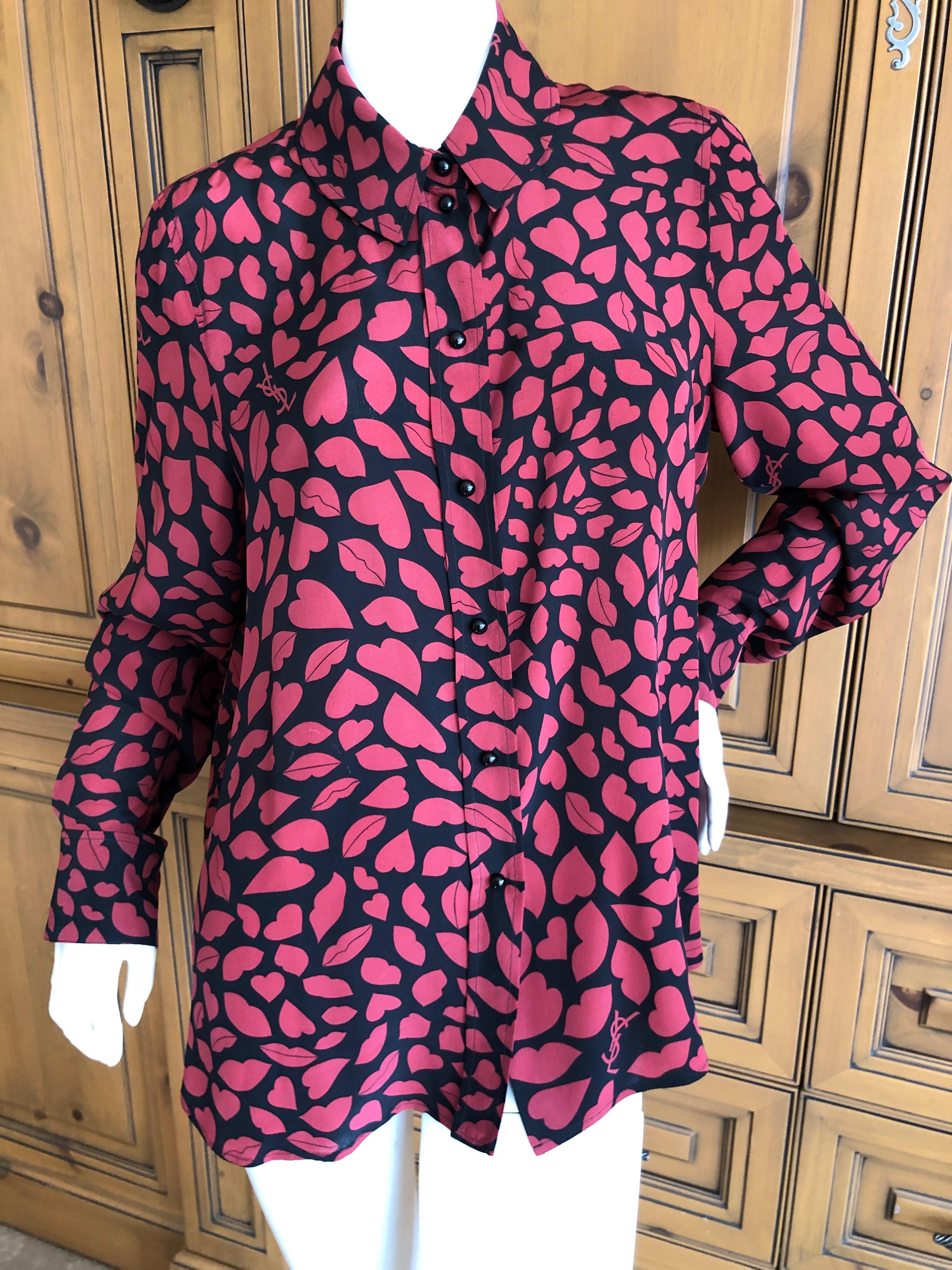 Women's Yves Saint Laurent Vintage Heart and Lips Print Snap Front Blouse Size Large For Sale