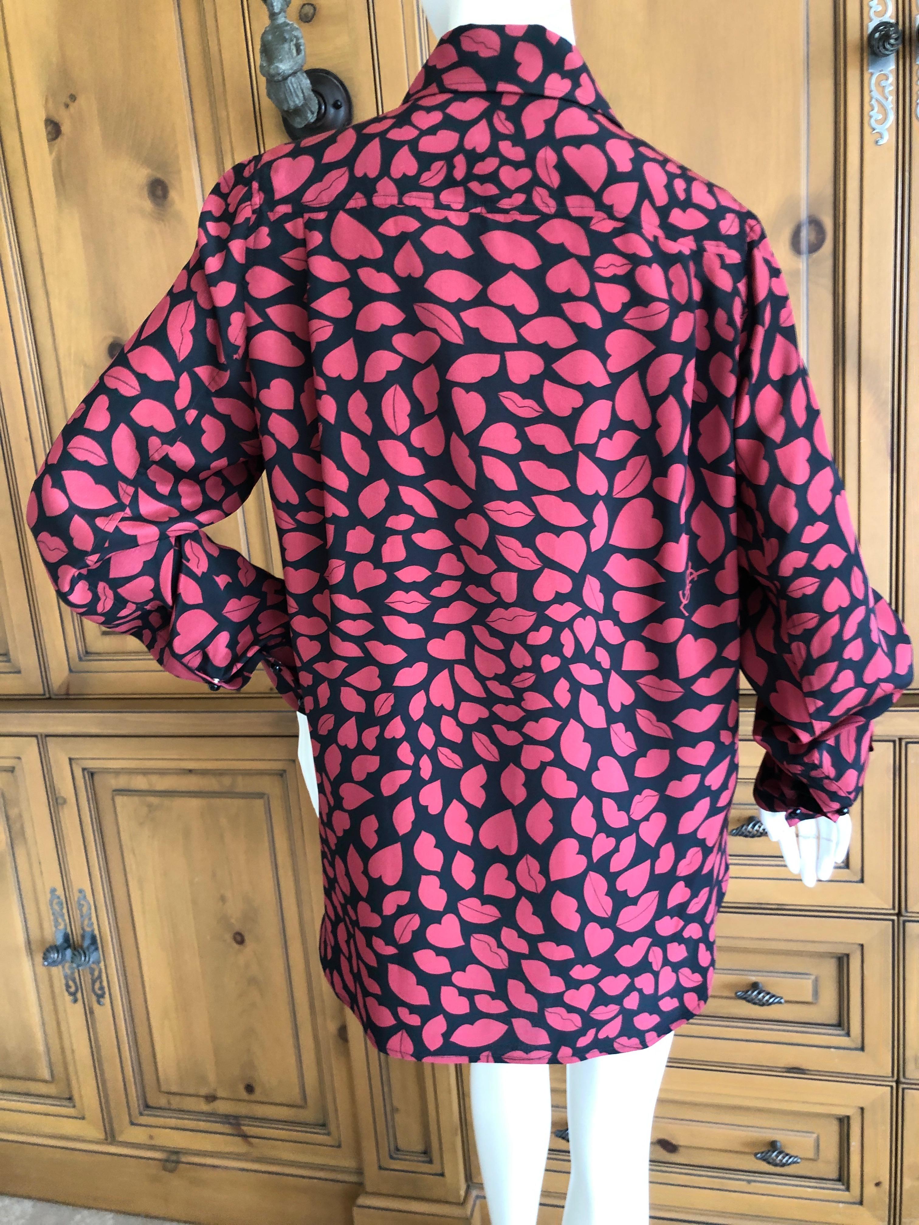 Yves Saint Laurent Vintage Heart and Lips Print Snap Front Blouse Size Large For Sale 1