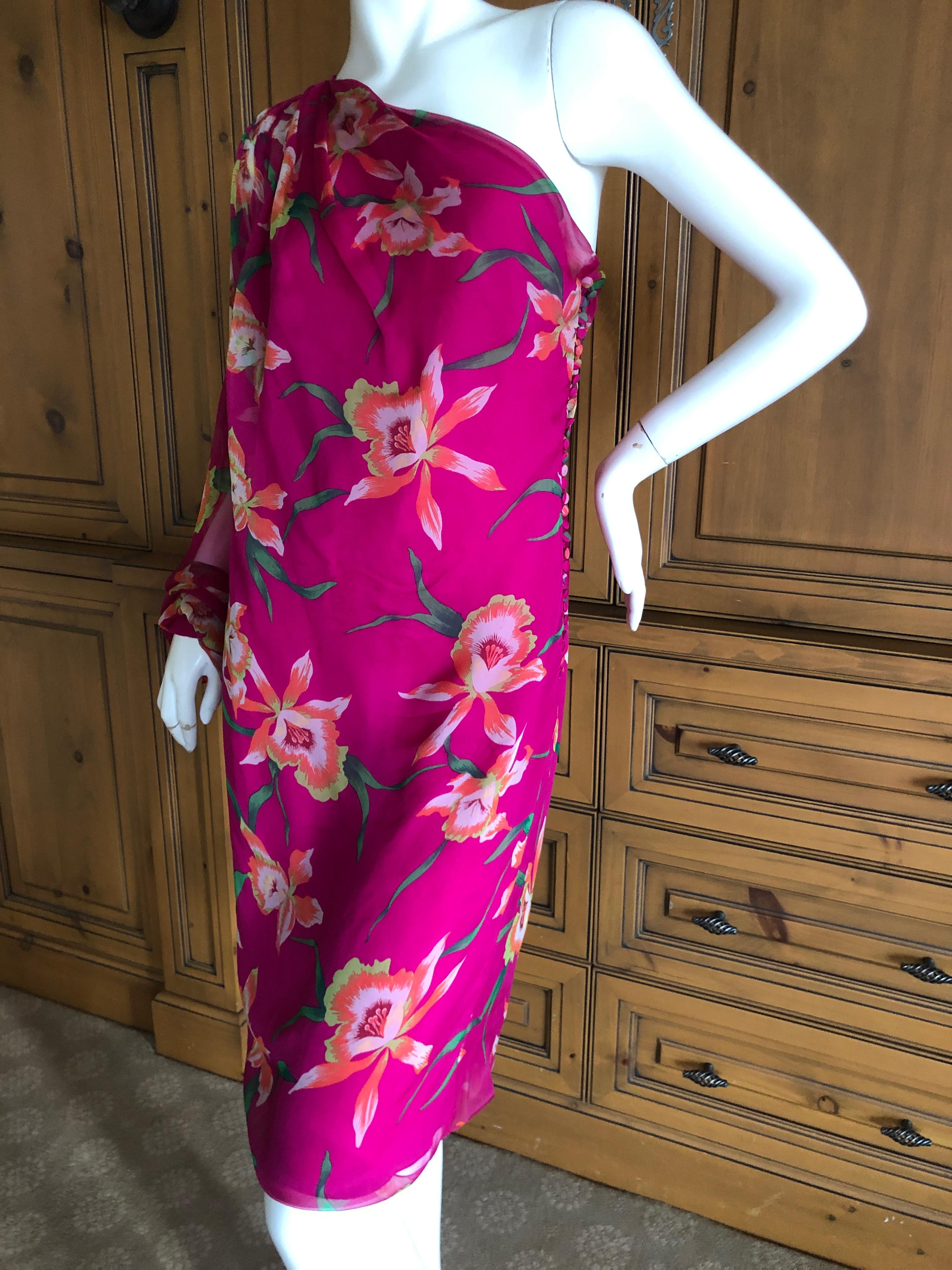 Christian Dior by John Galliano's One Sleeve Pink Silk Floral Cocktail Dress In Excellent Condition In Cloverdale, CA
