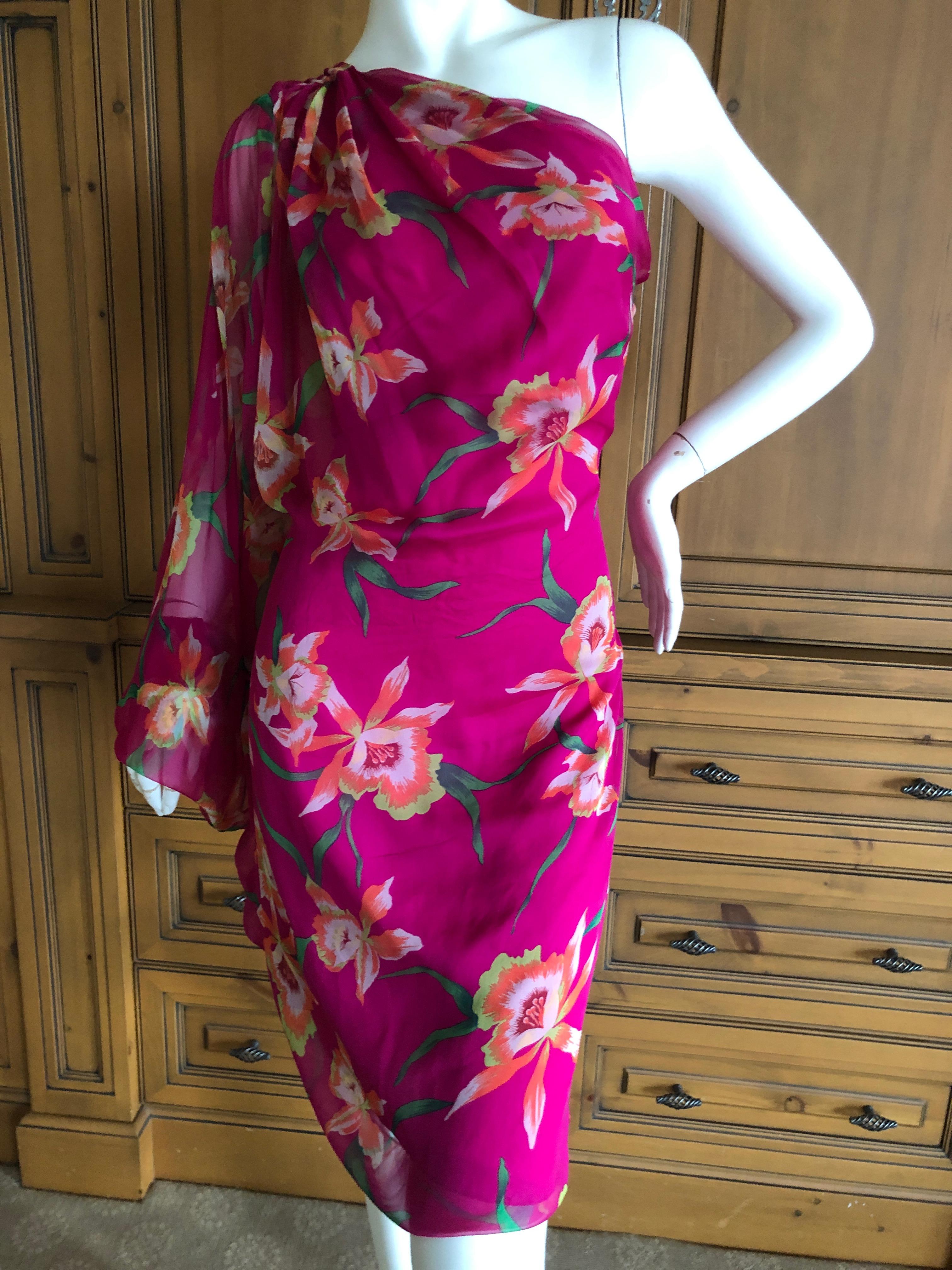 Christian Dior by John Galliano's One Sleeve Pink Silk Floral Cocktail Dress.
Size 40
Bust 36