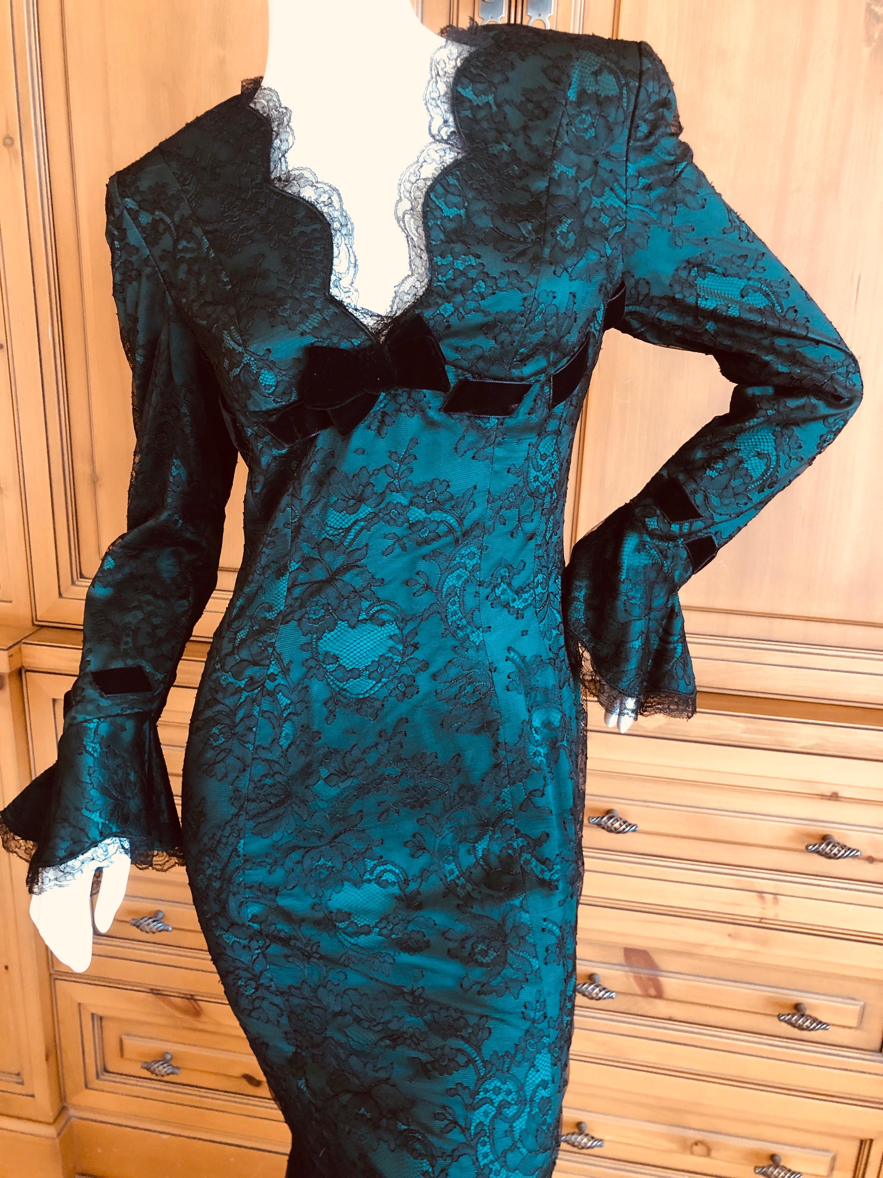 Thierry Mugler  Green Vintage 80's Evening Dress with Black Lace Overlay.
With velvet lacing and ruffled cuffs.
Size 40
  Bust 36