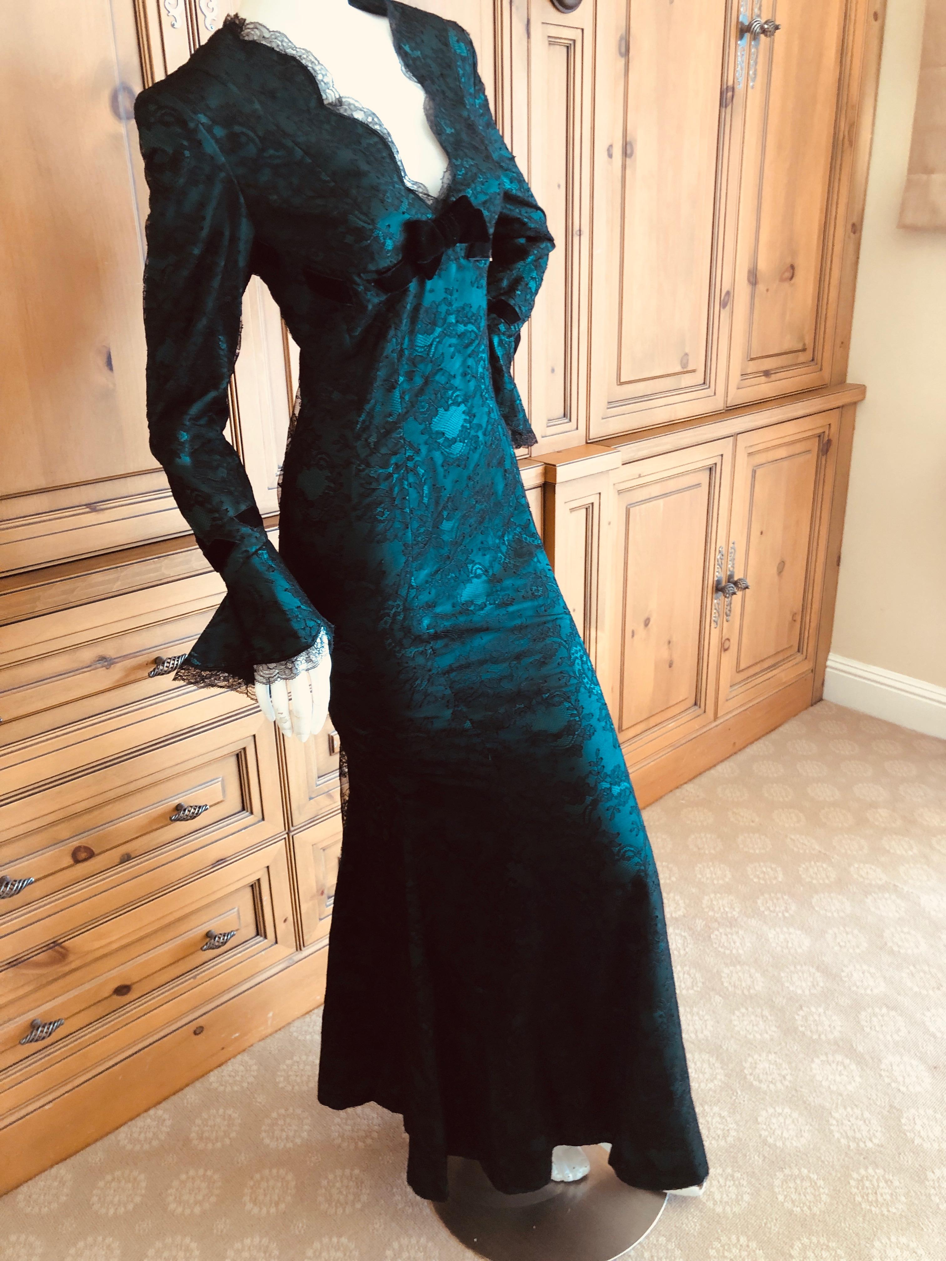 Thierry Mugler Green Vintage 80's Evening Dress with Black Lace Overlay For Sale 1