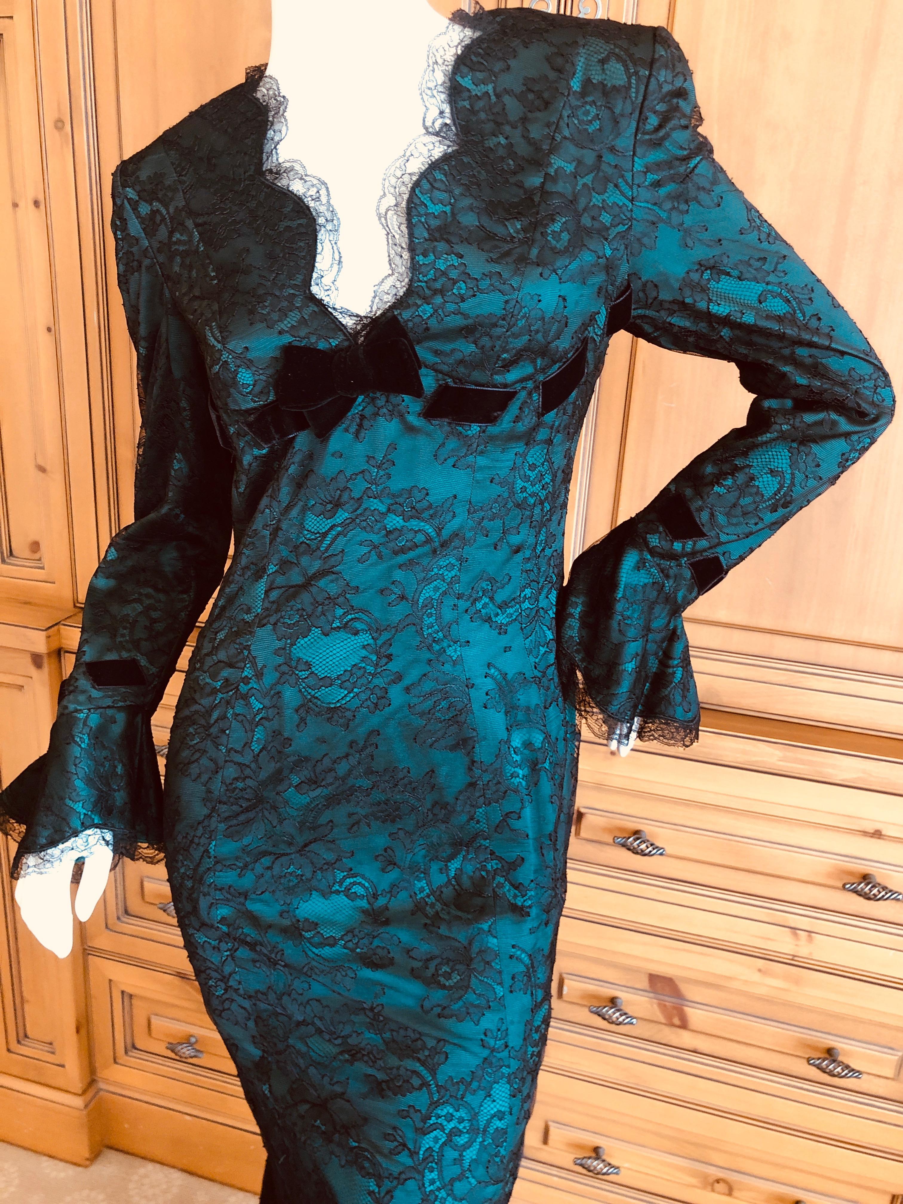 Thierry Mugler Green Vintage 80's Evening Dress with Black Lace Overlay For Sale 2