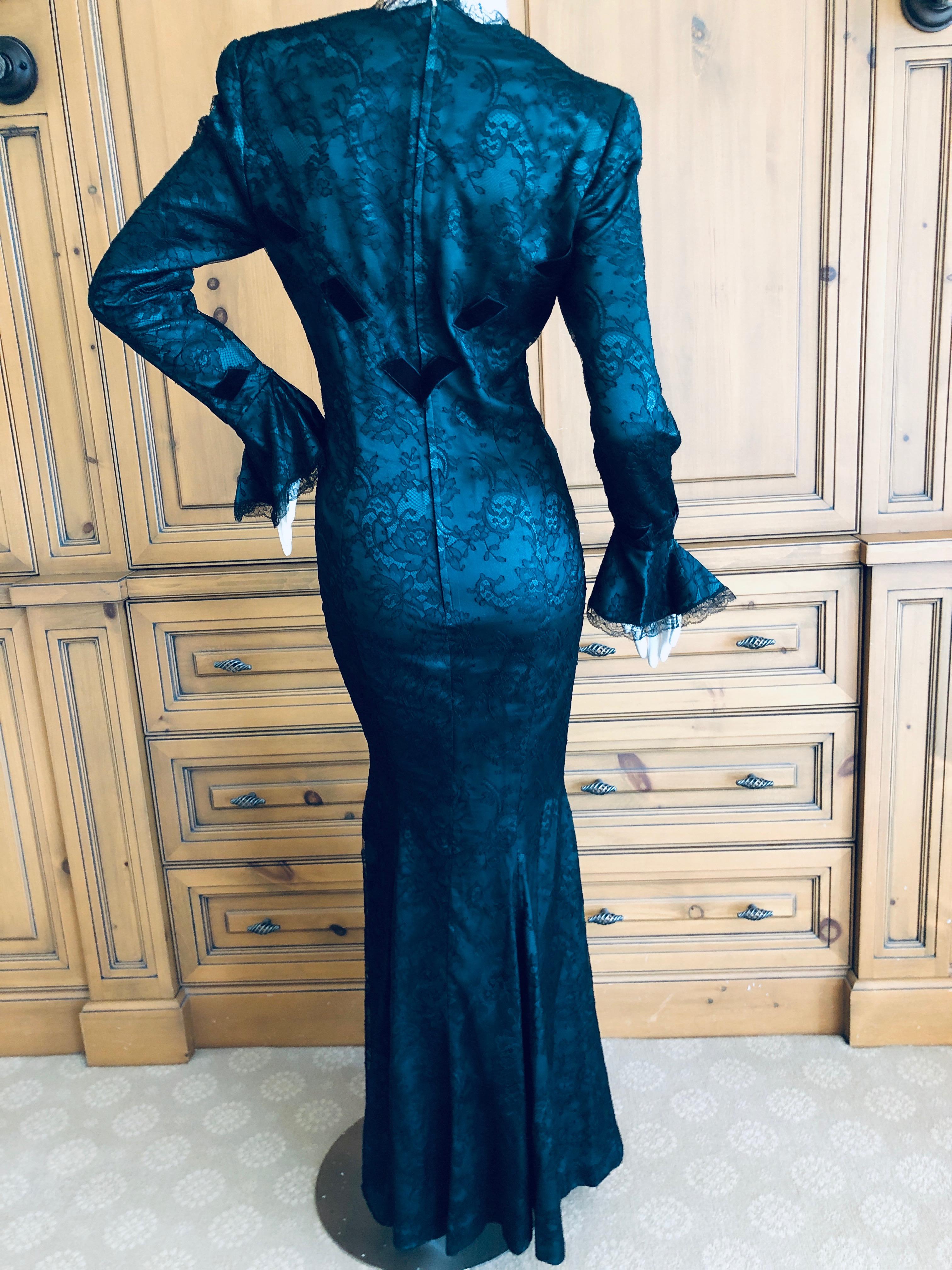 Thierry Mugler Green Vintage 80's Evening Dress with Black Lace Overlay For Sale 4