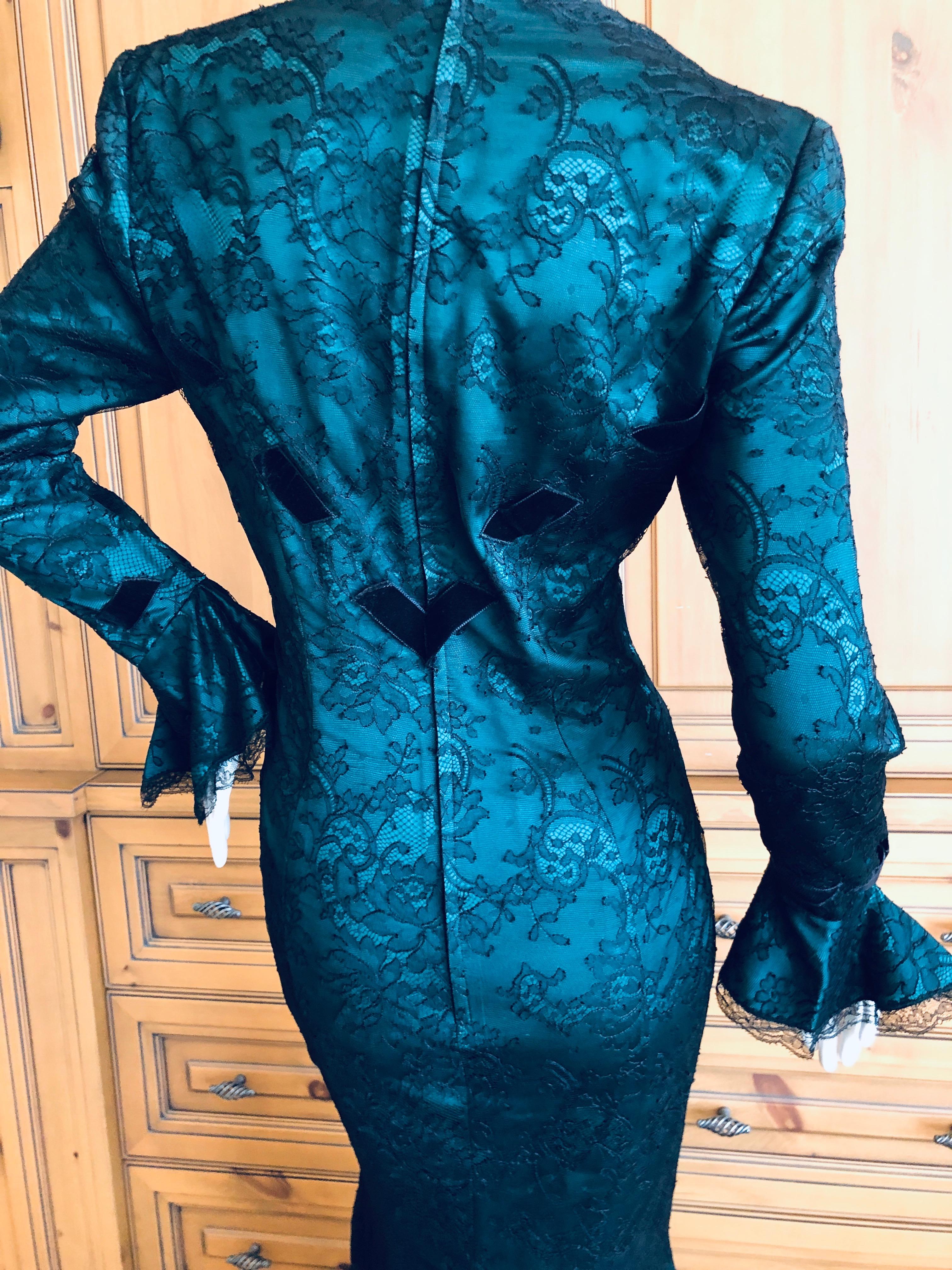Thierry Mugler Green Vintage 80's Evening Dress with Black Lace Overlay For Sale 5
