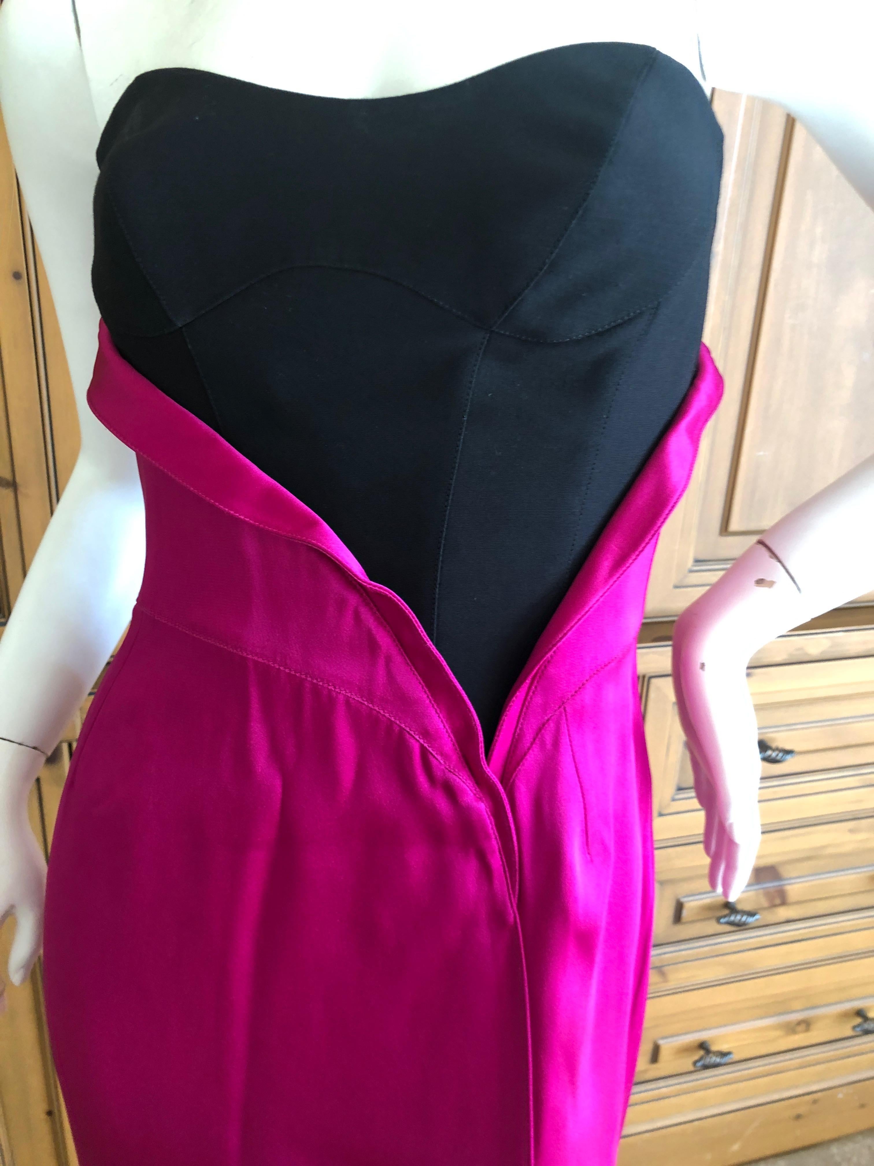 Thierry Mugler 80's Strapless Black Velvet Bustier Dress w Fuchsia Silk Draping In Excellent Condition For Sale In Cloverdale, CA