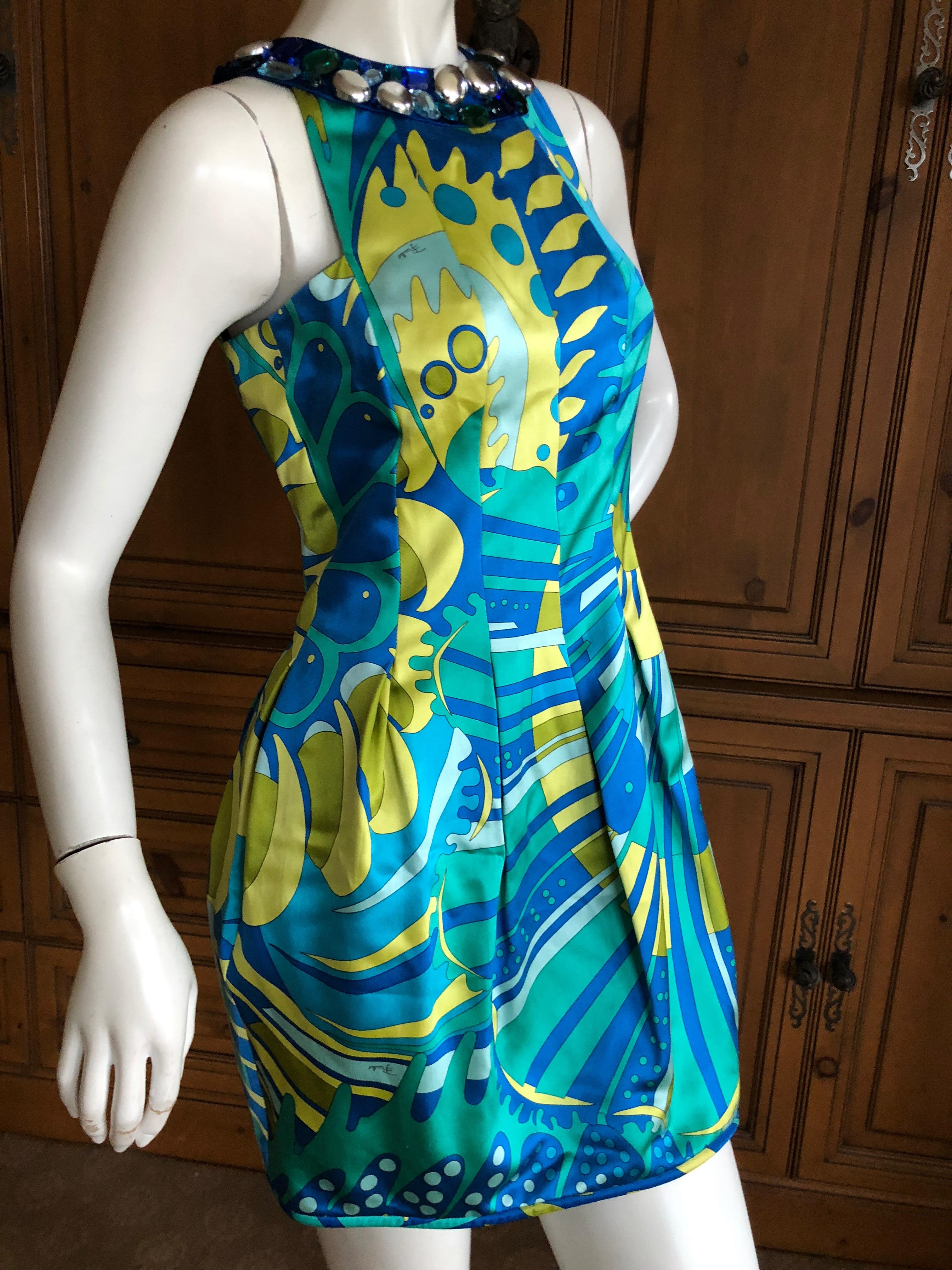 Emilio Pucci Embellished Polished Silk Cotton Mini Dress
 Size 6
Amazing piece, please use zoom feature to see all the details.

Size 6
 Bust 34