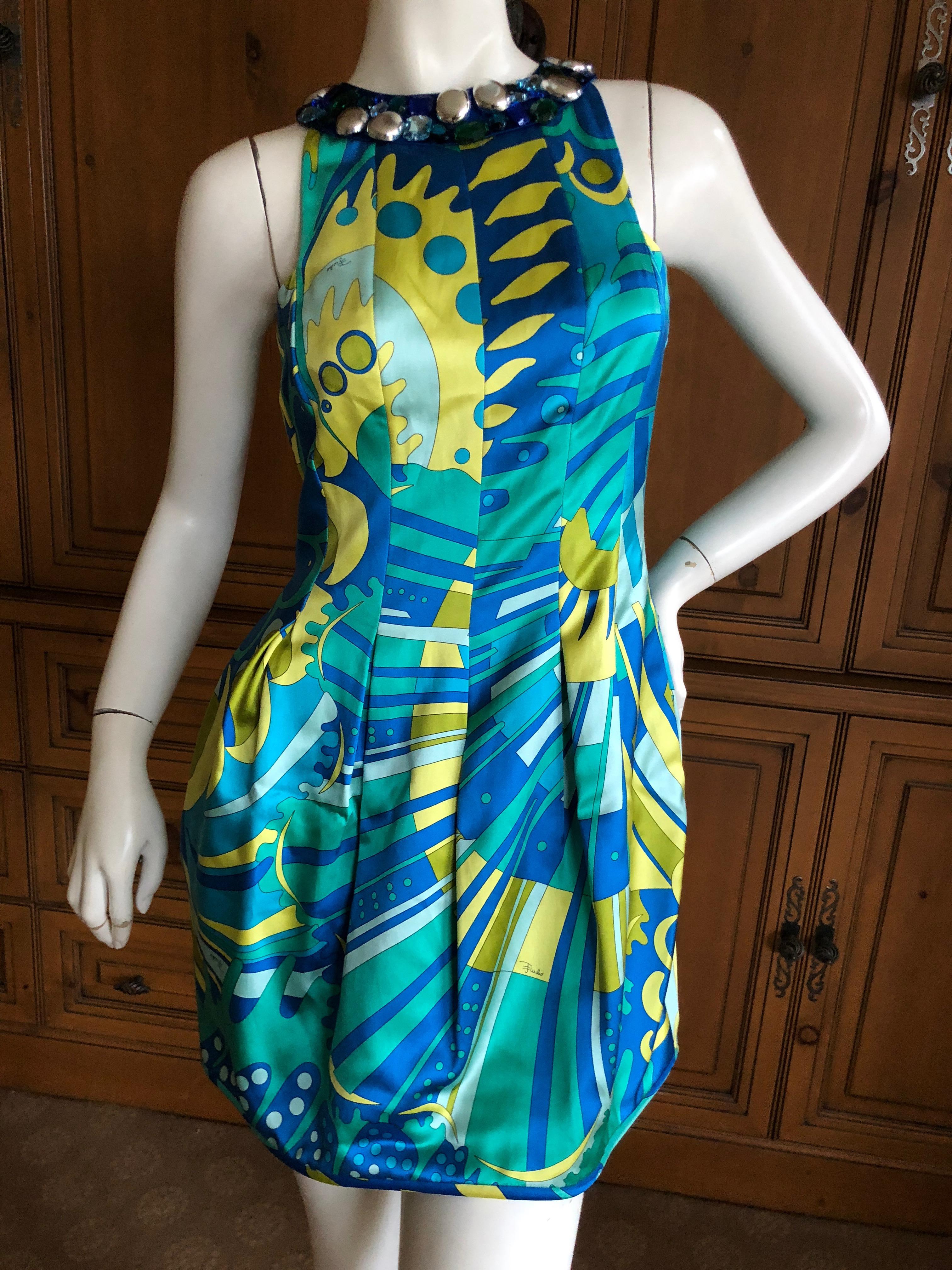 Blue Emilio Pucci Embellished Polished Silk Cotton Mini Dress Size 6 For Sale