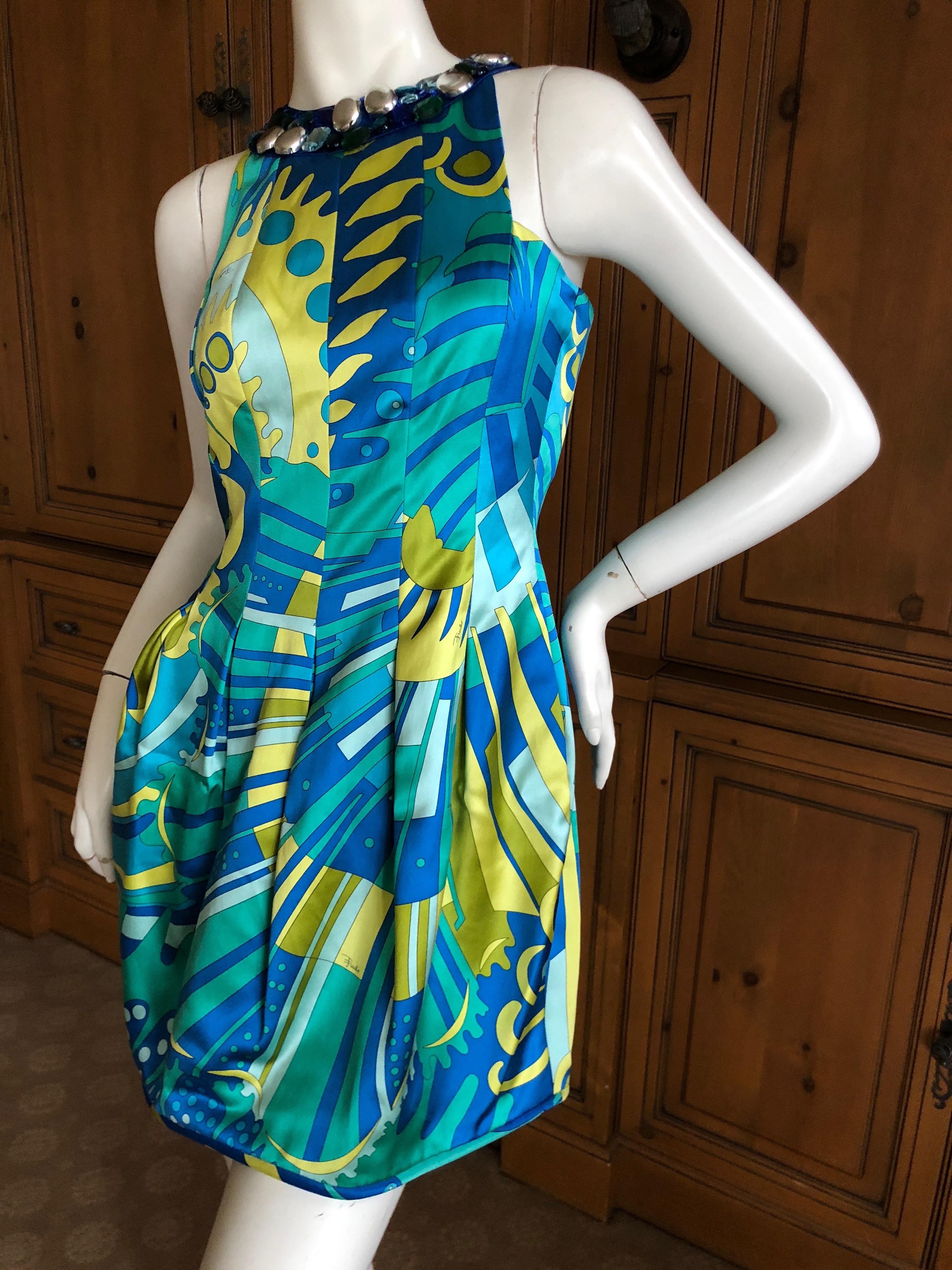 Emilio Pucci Embellished Polished Silk Cotton Mini Dress Size 6 In Excellent Condition For Sale In Cloverdale, CA