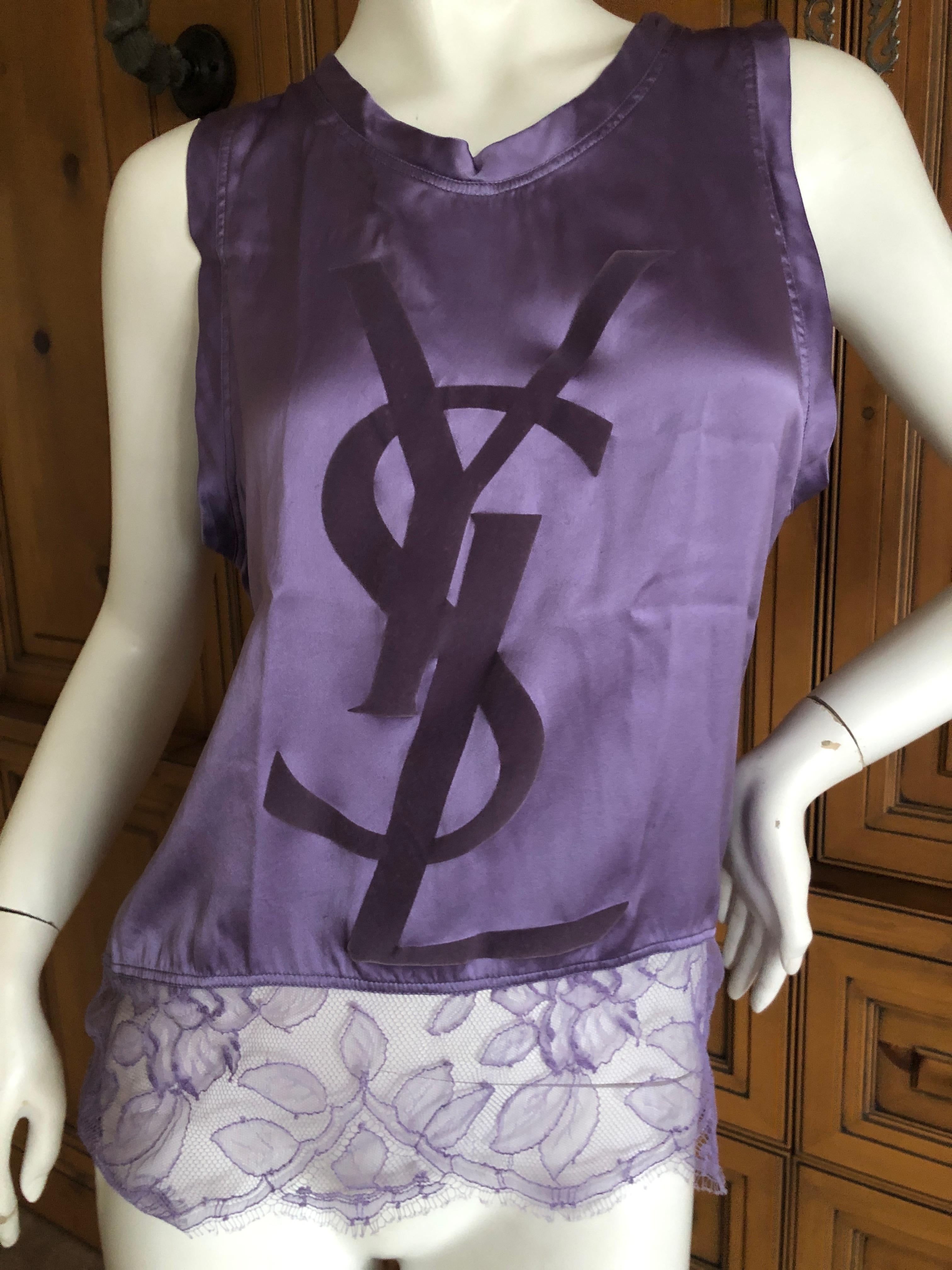 Yves Saint Laurent Vintage Purple Silk Lace Trim Cassandra Logo Camisole Top
Size S

Bust 38