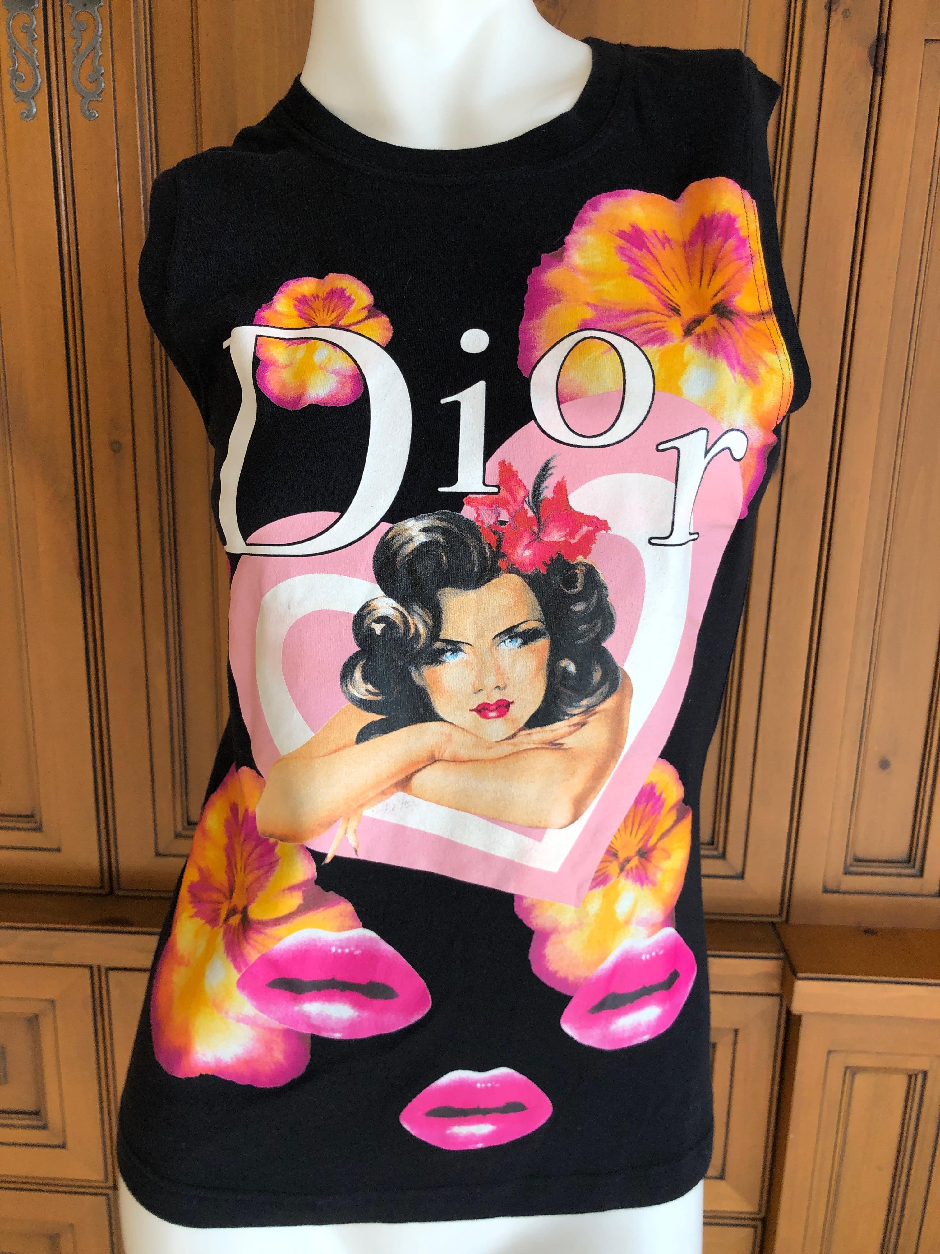 Dior by John Galliano Surrealist Lip Print two piece set.
Cotton sleeveless top, with a cashmere zip front cardigan with ribbed collar and cuffs.
 This is so pretty, in one of my favorite patterns, the surrealist lips and pansy flower print.
Size