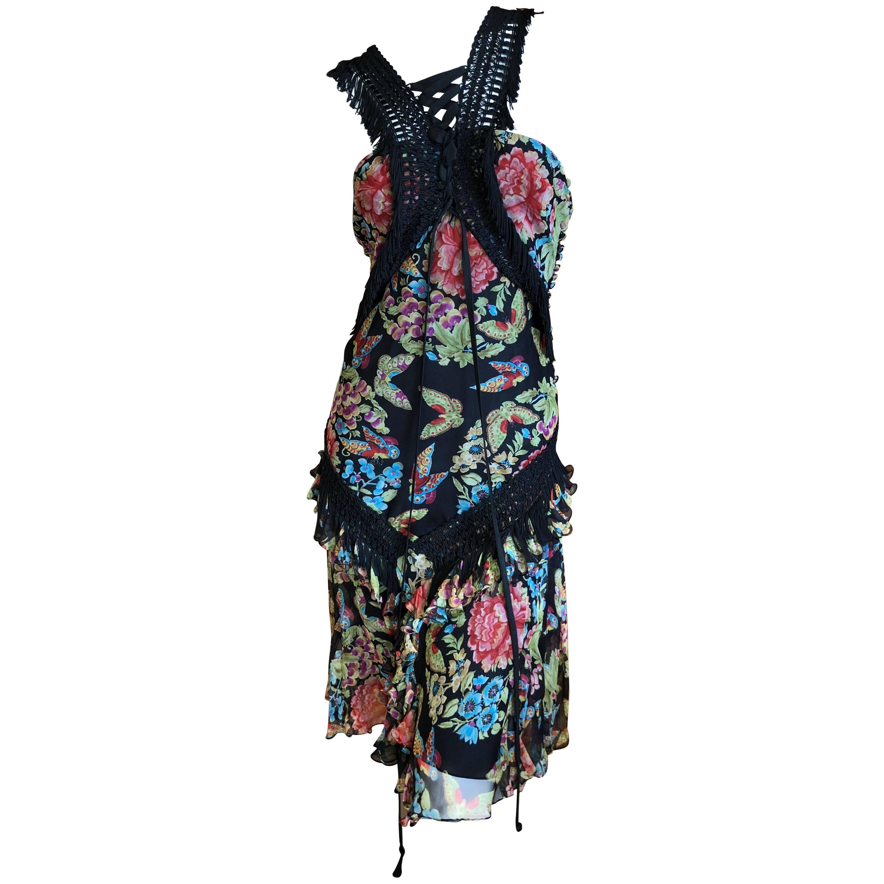 John Galliano AW 2003 Floral Dress w Macrame Fringe Corset Lace Trim Book Piece For Sale