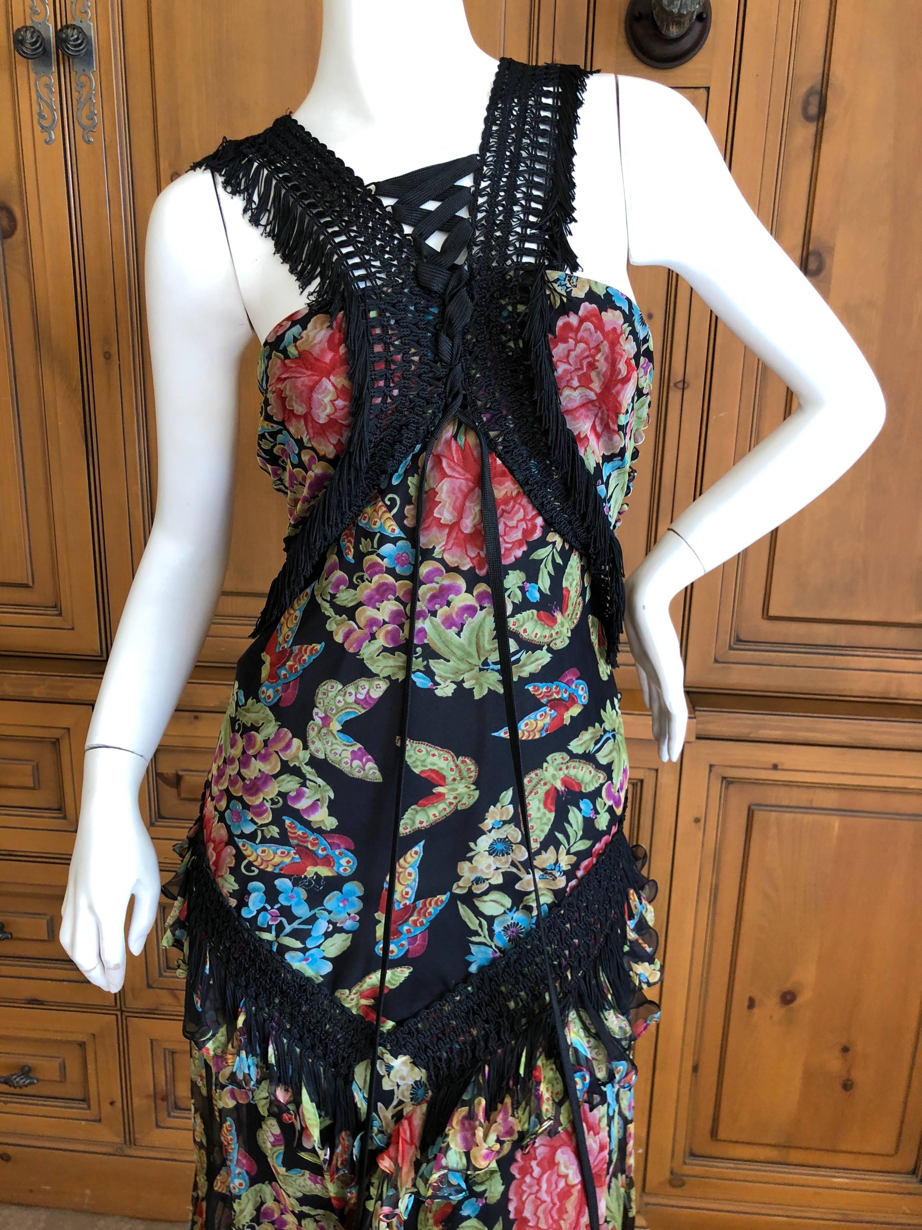 John Galliano AW 2003 Floral Dress w Macrame Fringe Corset Lace Trim Book Piece For Sale 3