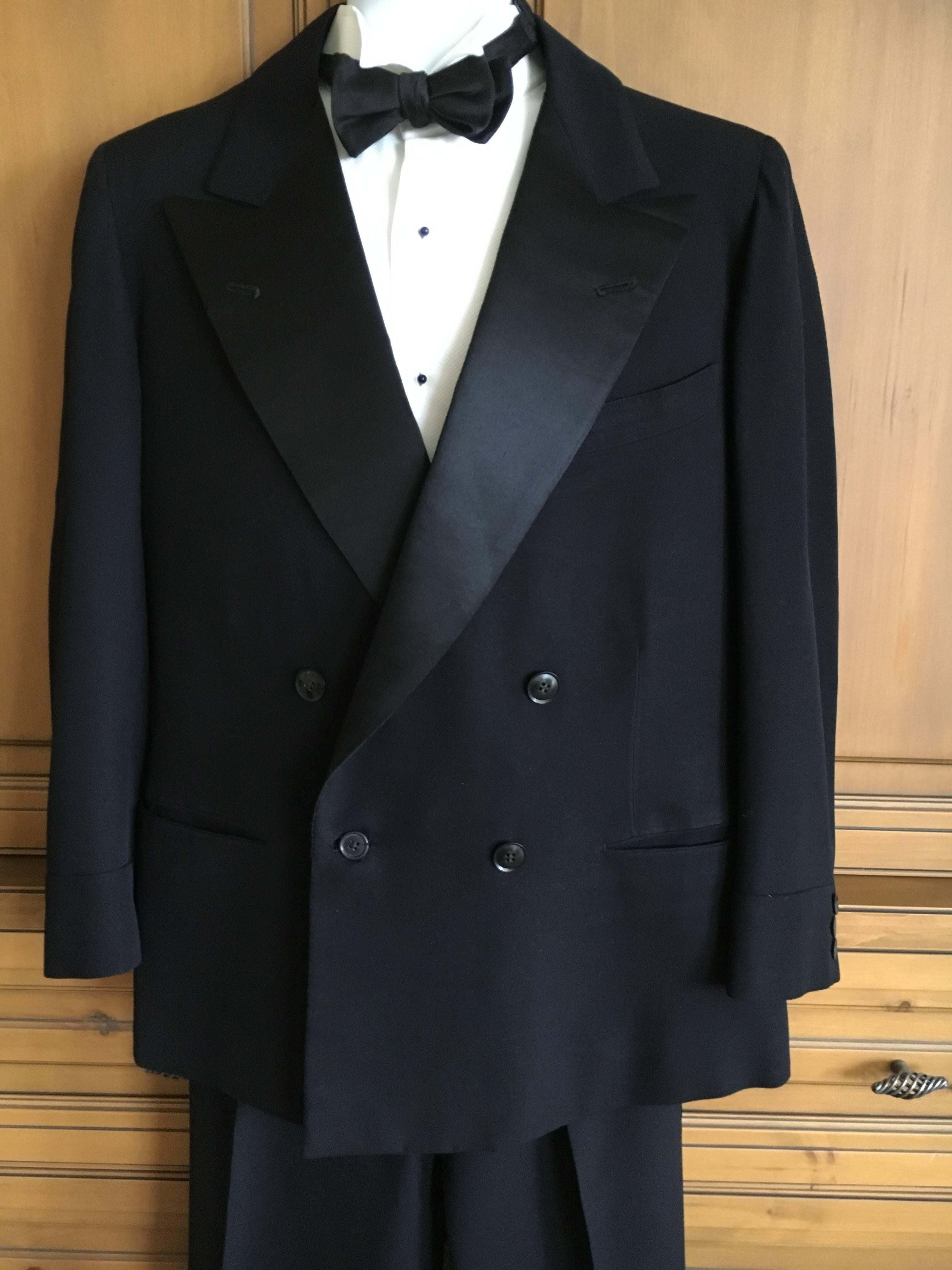 1936 Gentleman's Peak Satin Lapel Tuxedo from Society Tailor F.L. Dunne & Co. New York and Boston.

The owner was a polo playing count, whose estate we are just beginning to process.

The estate was run in the old style and these uniforms

 were dry