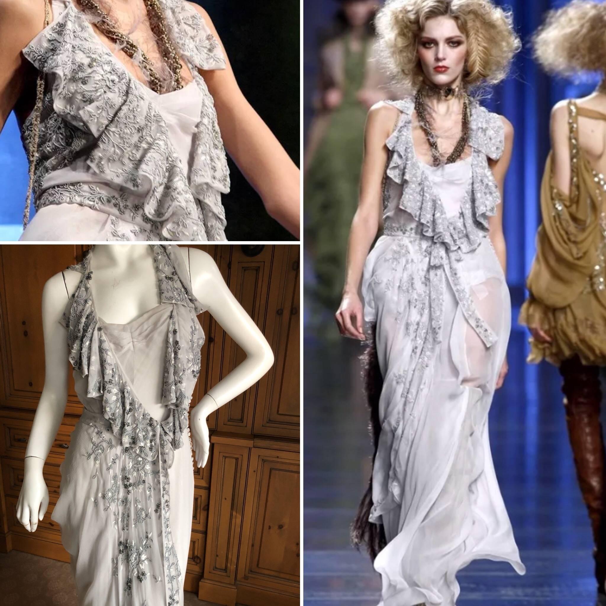 Christian Dior John Galliano exquisite ruffled Dior Gray dress with beautiful bead and crystal flower embellishments by Maison Lesage
 Size 36

Bust 36