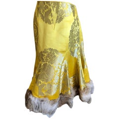 John Galliano Vintage Gold and Yellow Jacquard Fur Trim Bustle Back Circle Skirt