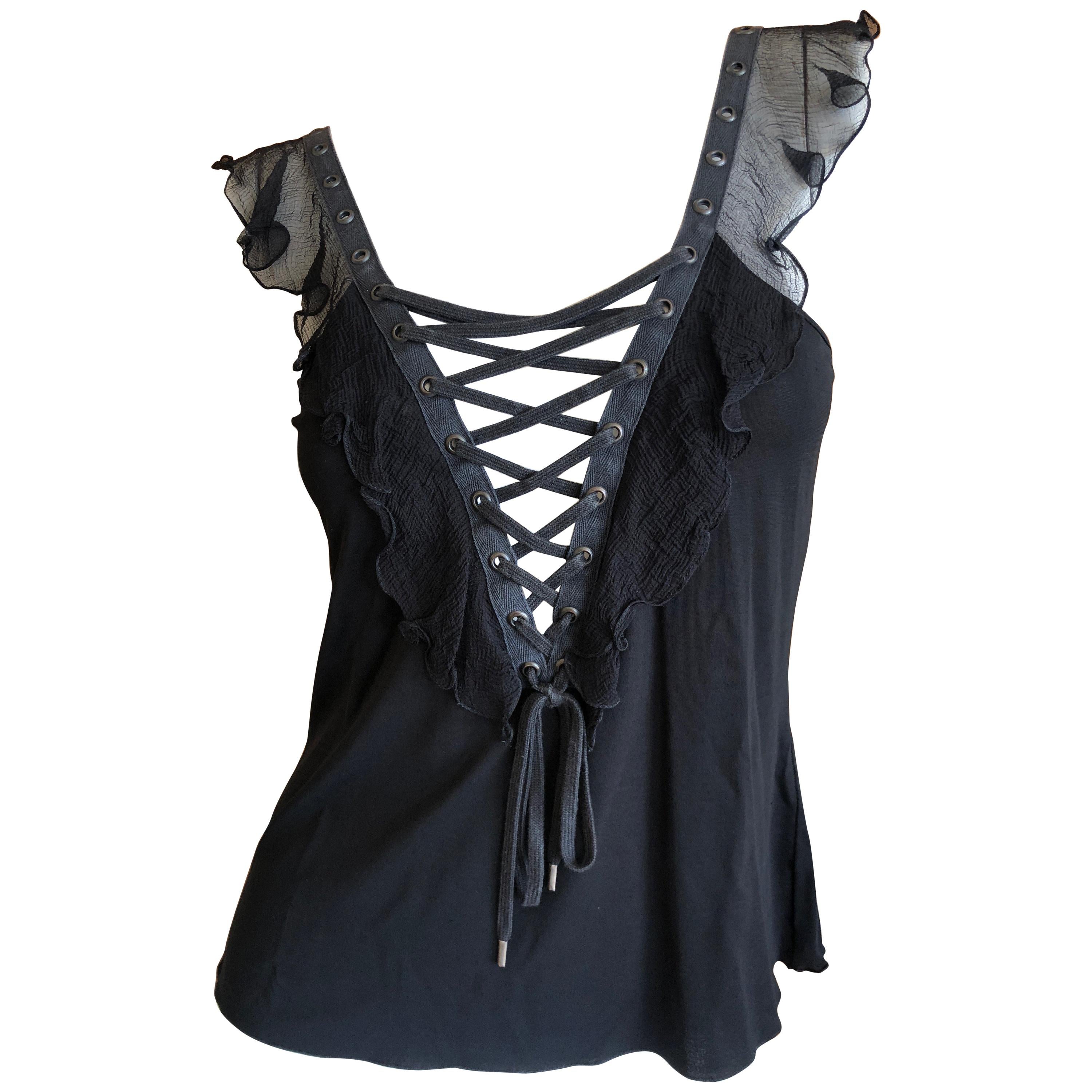 Christian Dior by John Galliano Black Sleeveless Ruffle Top with  Corset Lacing  For Sale