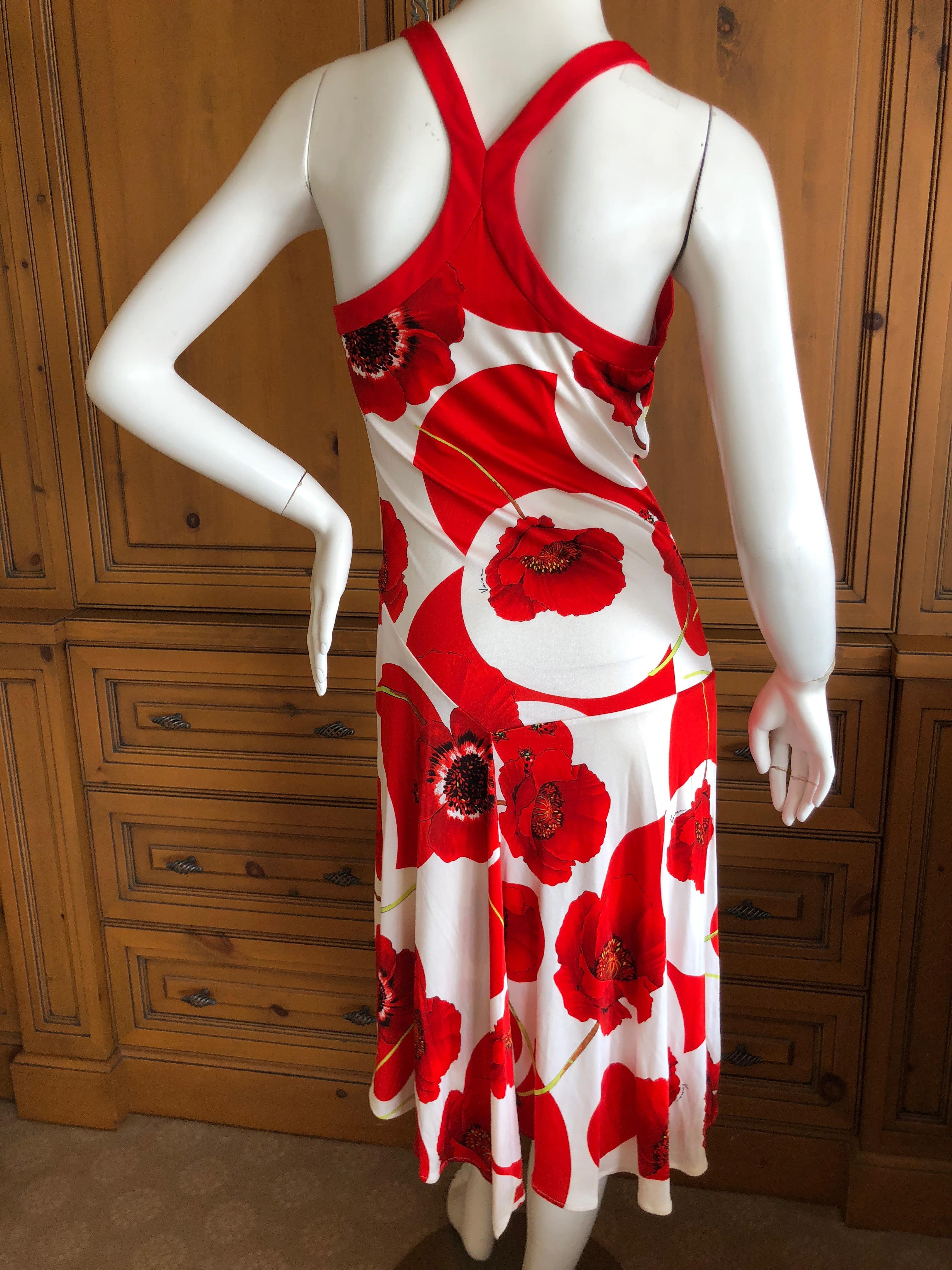 Red Versace Vintage Poppy and Ladybug Print Silk Jersey Low Cut Cocktail Dress  For Sale