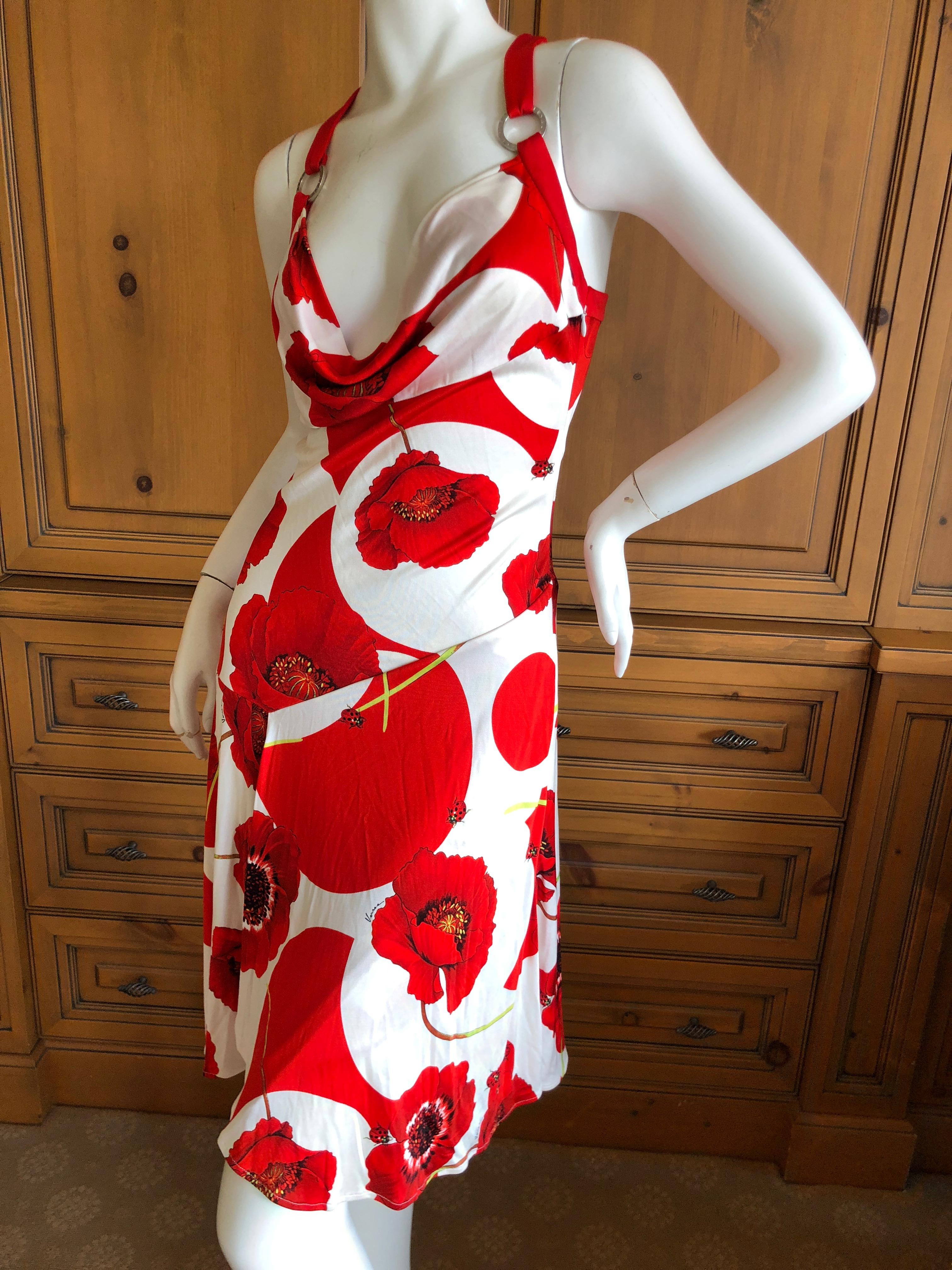 Versace Vintage Poppy and Ladybug Print Silk Jersey Low Cut Cocktail Dress  In Excellent Condition For Sale In Cloverdale, CA