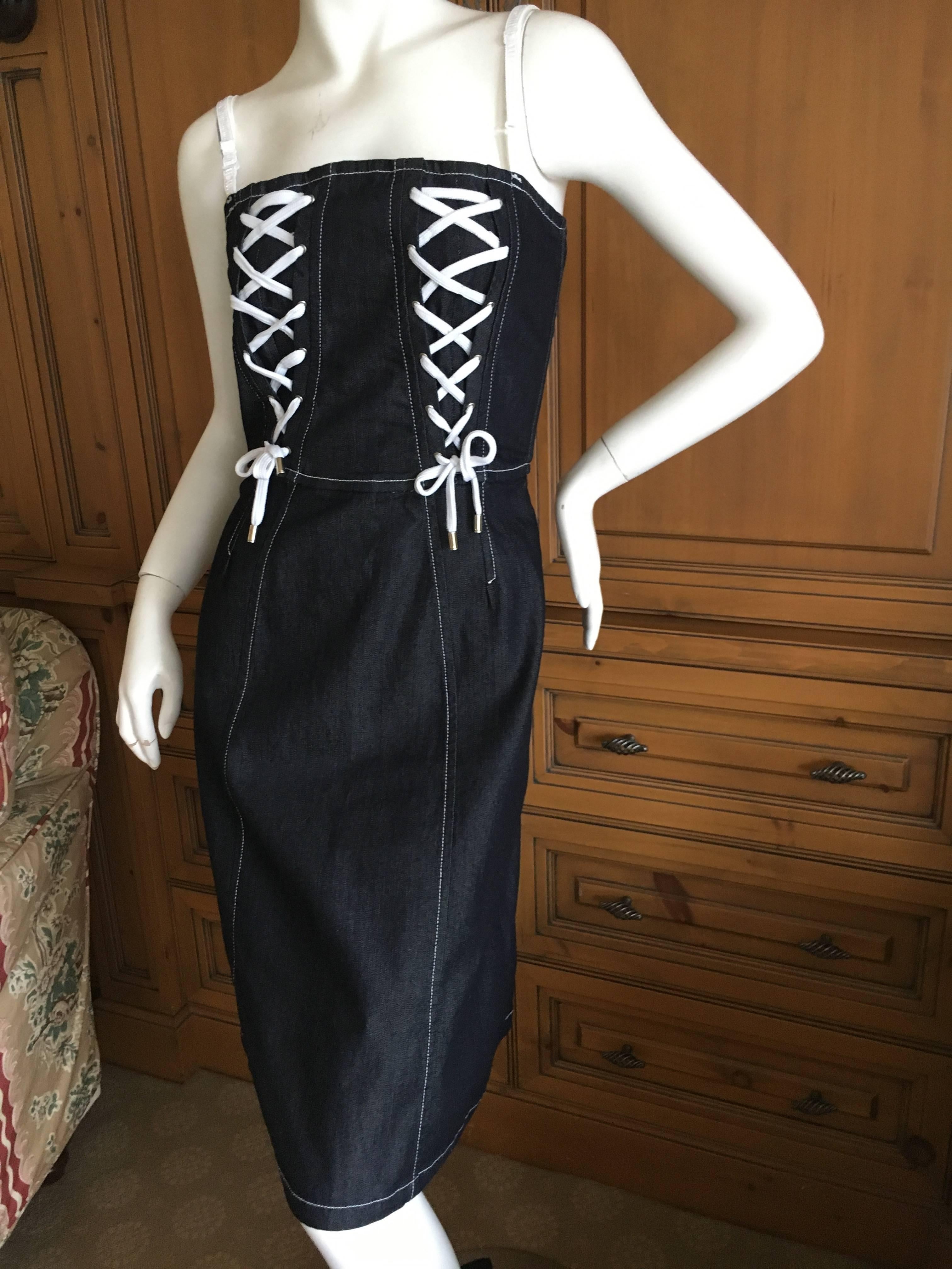 D&G Dolce & Gabbana Denim Dress with Corset Lace Up Details
Size 44
Bust 34
