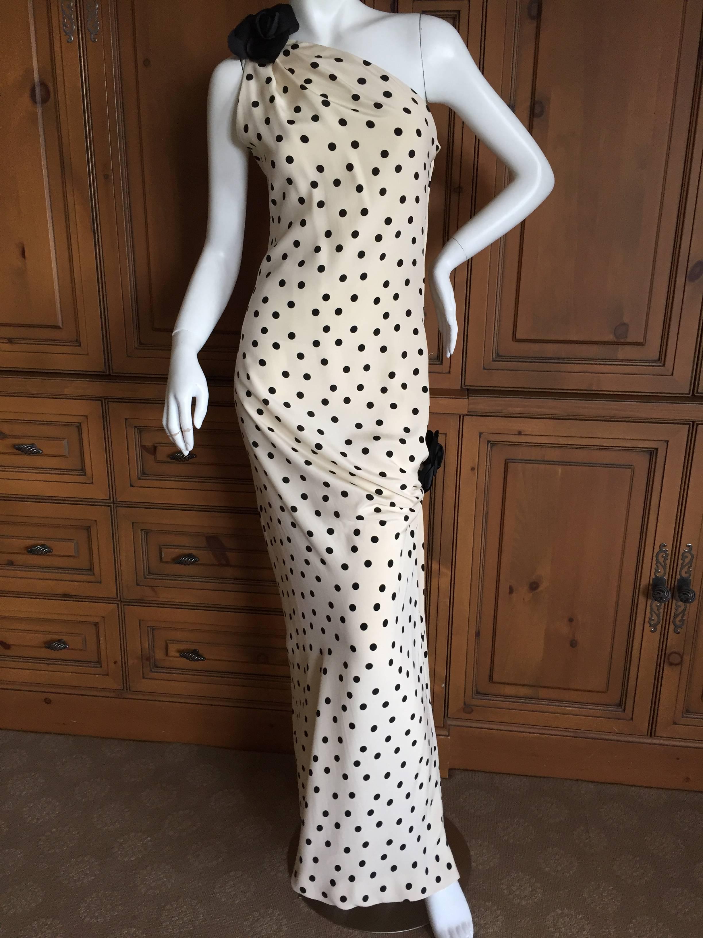 Adolfo 1970's One Shoulder Silk Polka Dot Dress 2