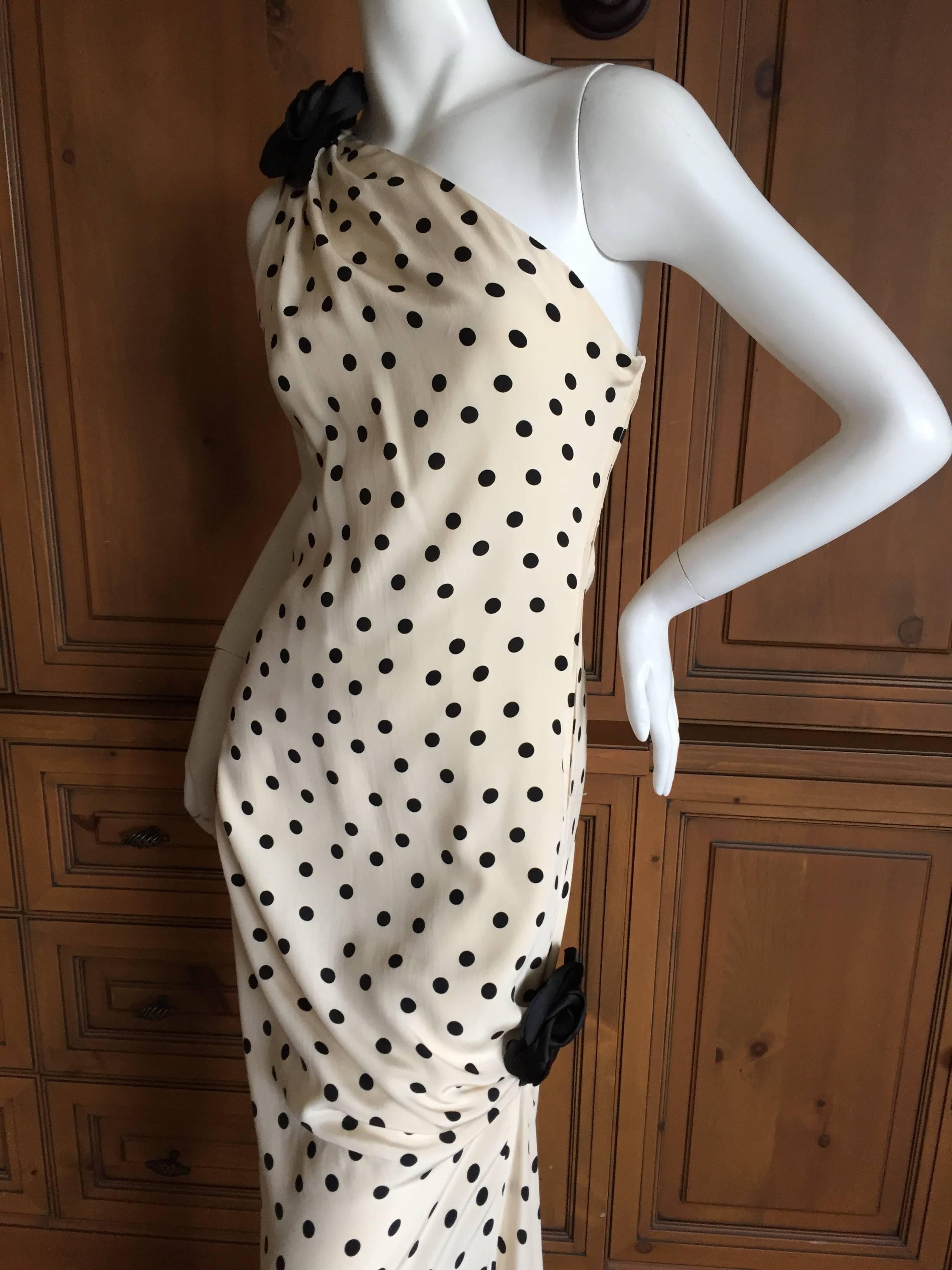 Adolfo 1970's One Shoulder Silk Polka Dot Dress In Excellent Condition In Cloverdale, CA