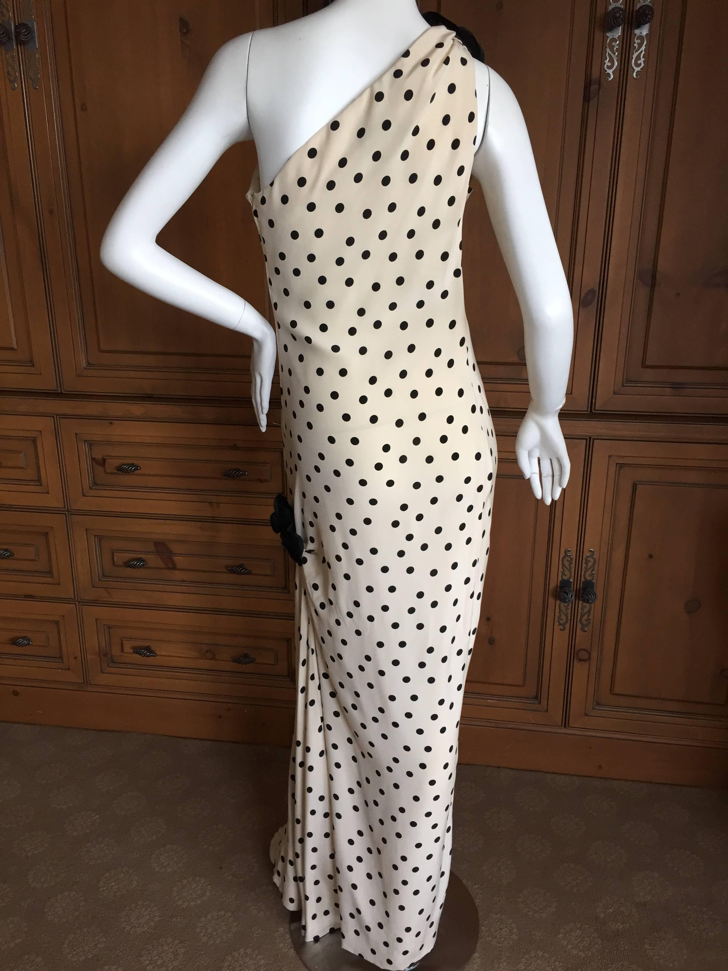 Adolfo 1970's One Shoulder Silk Polka Dot Dress 1