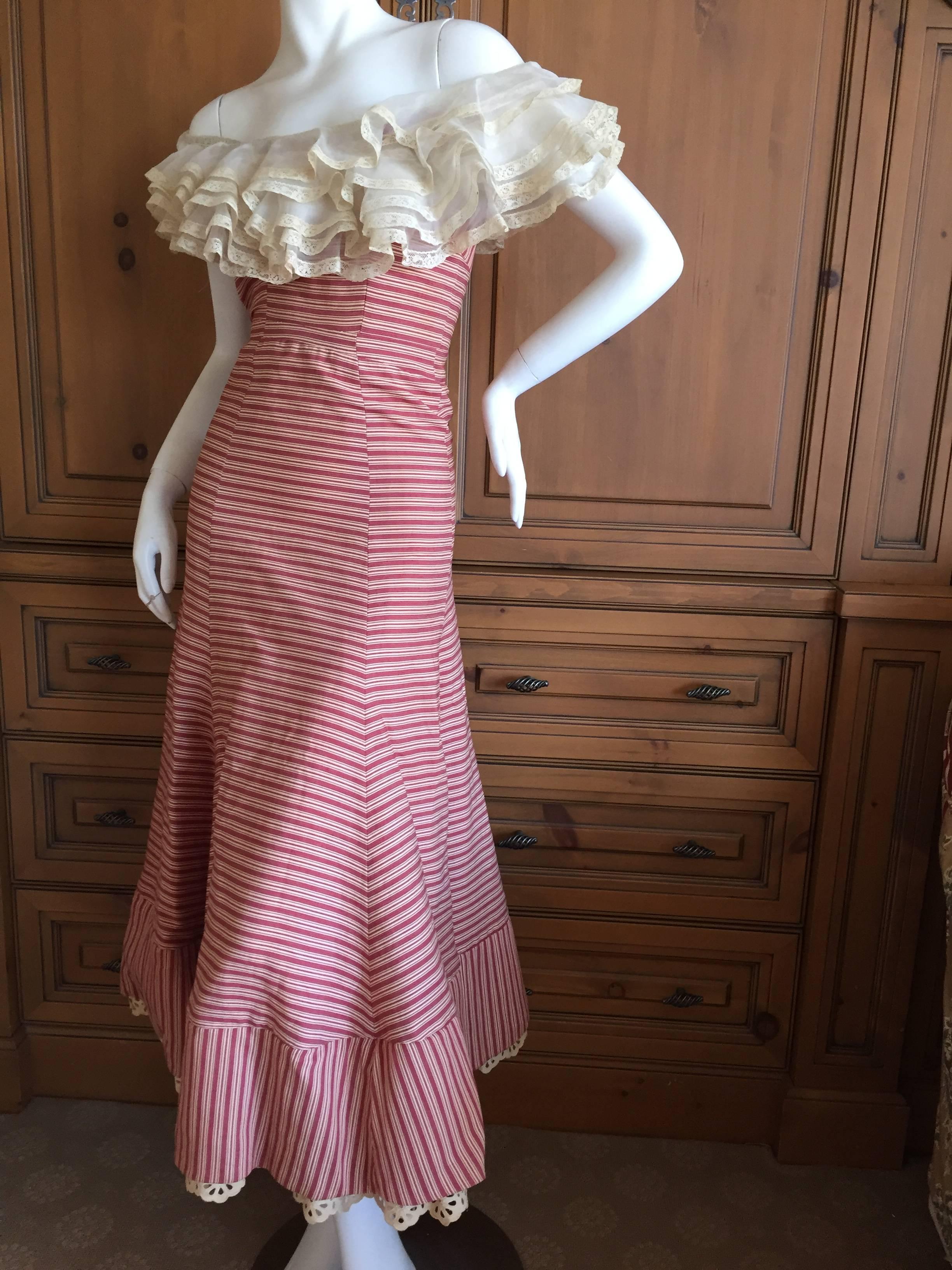 1930's Sweet Stripe Day Dress with Lace Bust and Hem For Sale 1