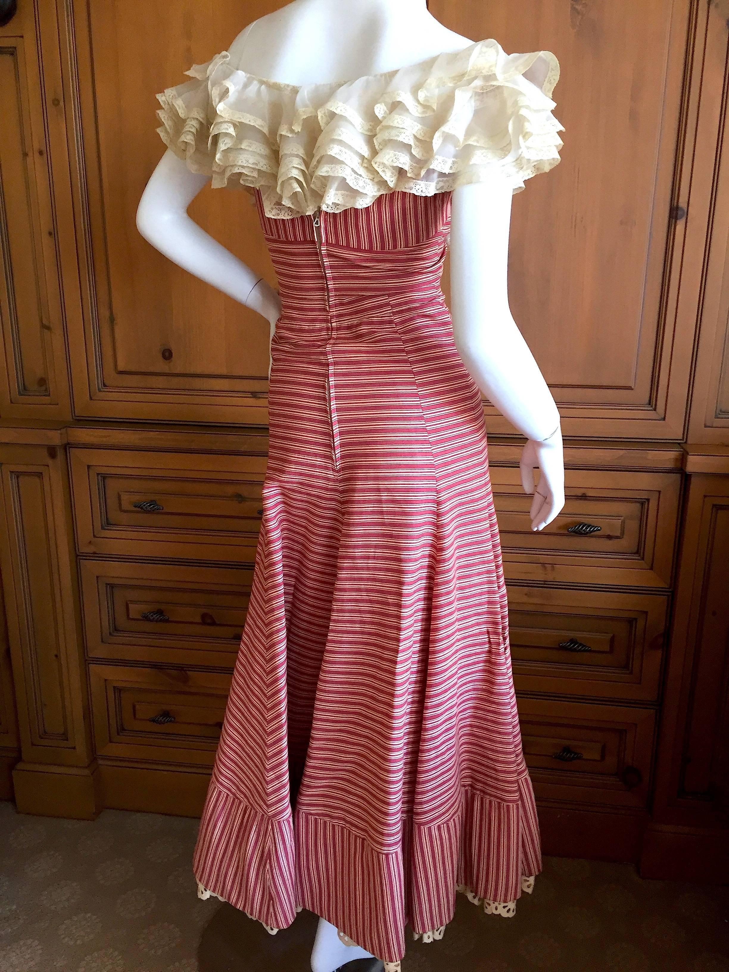 Pink 1930's Sweet Stripe Day Dress with Lace Bust and Hem For Sale