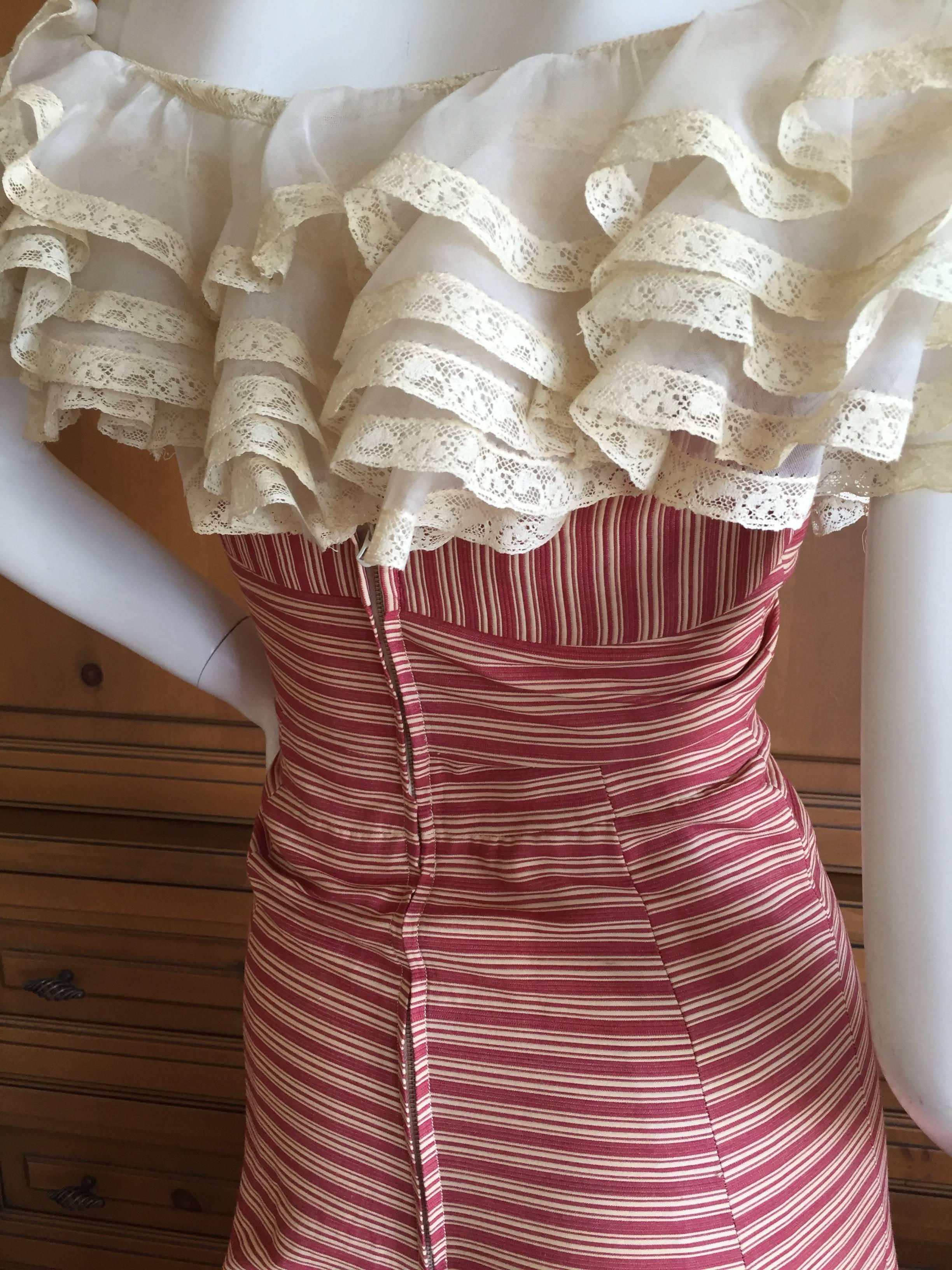Women's 1930's Sweet Stripe Day Dress with Lace Bust and Hem For Sale
