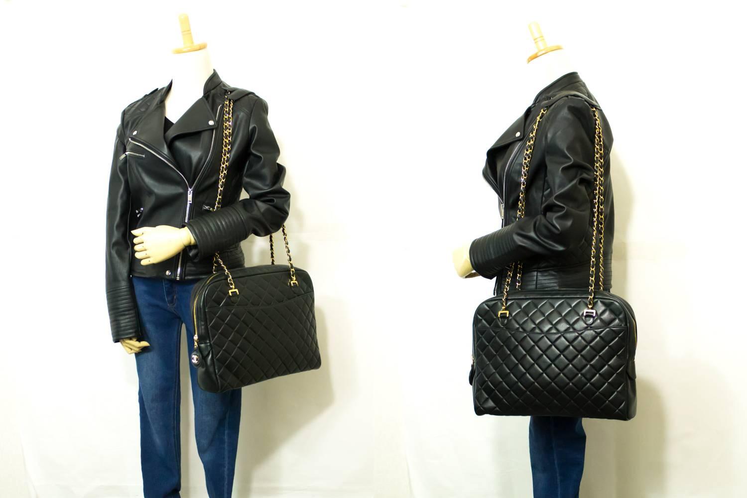 Women's Chanel Large Chain Shoulder Bag Leather Black Quilted Lambskin 