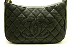 CHANEL Caviar Chain One Umhängetasche 2004 Schwarzes gestepptes Leder