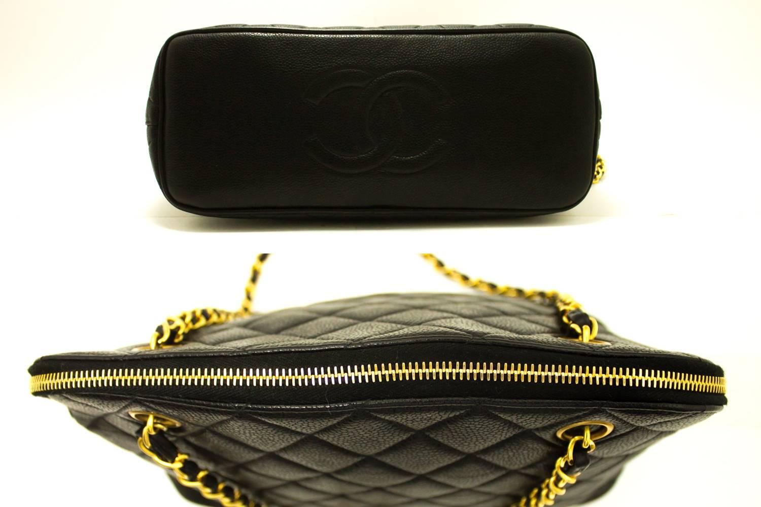 CHANEL Caviar Double Chain Shoulder Bag Black Quilted Zippered  1