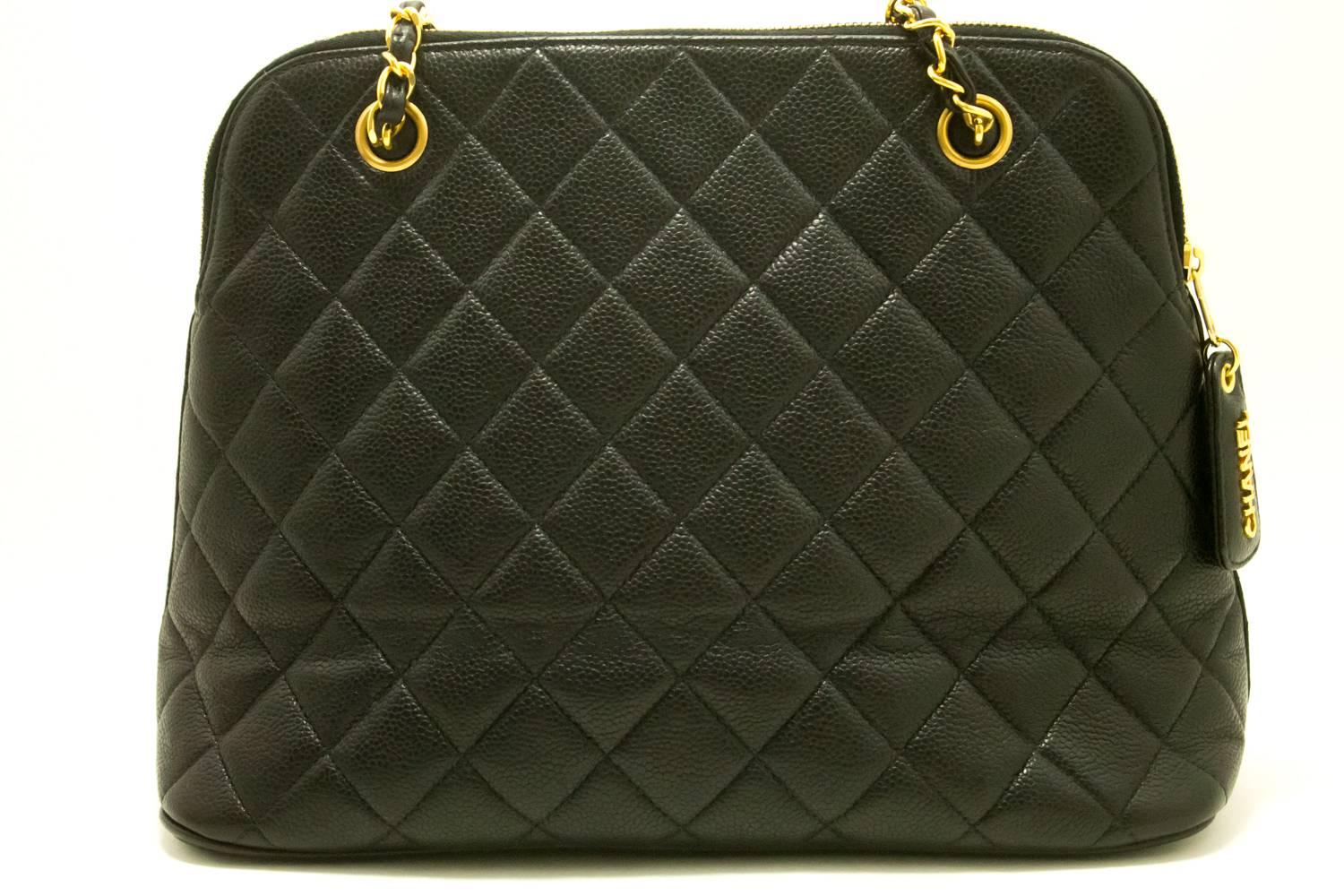 CHANEL Caviar Double Chain Shoulder Bag Black Quilted Zippered  5