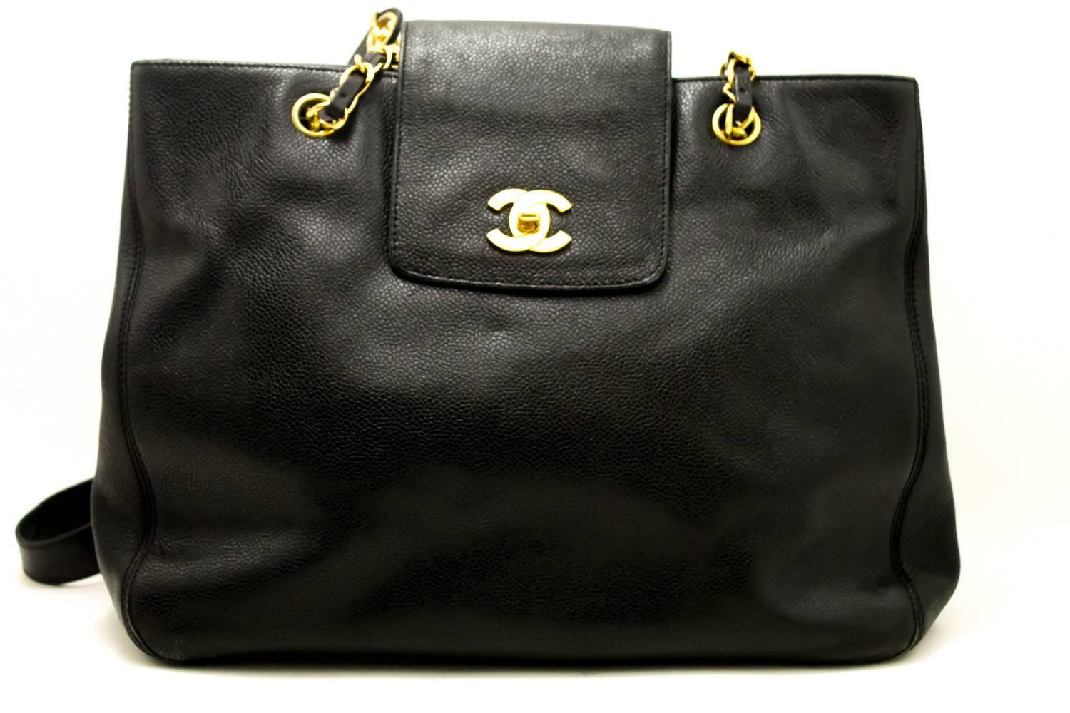 An authentic CHANEL Caviar Jumbo Large Chain Shoulder Bag Black Leather Gold  The outside material is Caviar leather.
Conditions & Ratings
Outside material: Caviar leather
Color: Black
Hardware and chain: Gold-tone
Made in Italy
Serial sticker: