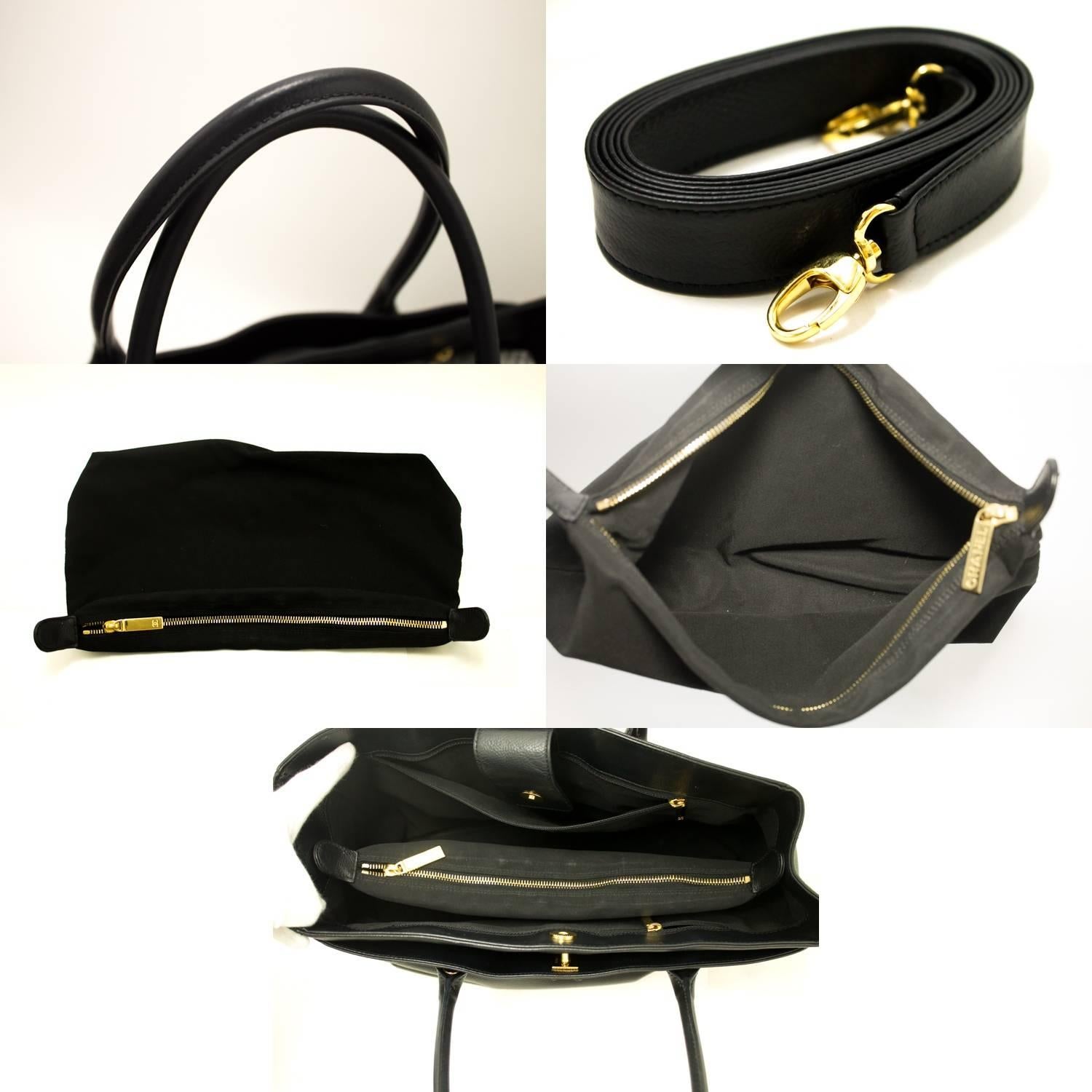 Women's CHANEL Executive Tote Caviar Shoulder Bag Black Gold Leather Strap 