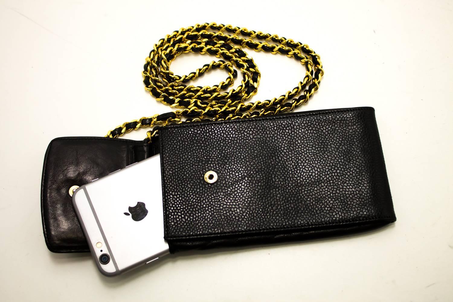 CHANEL Cell Phone Case Caviar Chain Shoulder Bag Black iPhone  2
