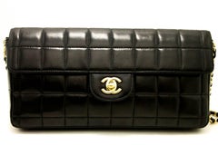 CHANEL Chocolate Bar Gold Chain Shoulder Bag Clutch Black Quilted