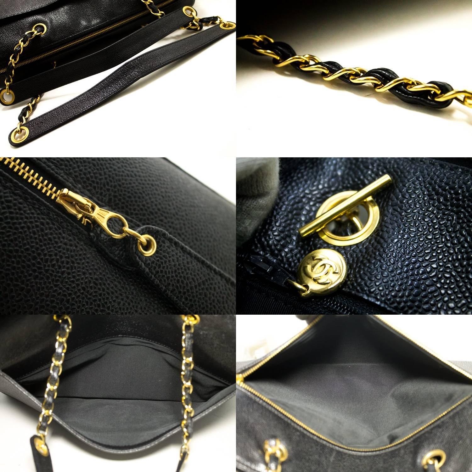 CHANEL Caviar Jumbo Large Chain Shoulder Bag Black Zip Leather CC 3