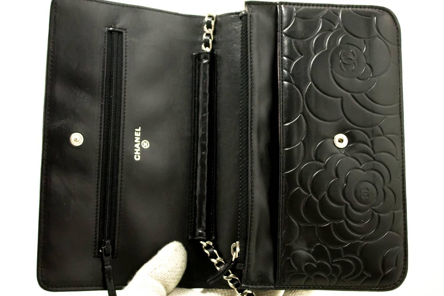 CHANEL Black Camellia Wallet On Chain WOC Shoulder Bag Crossbody 5