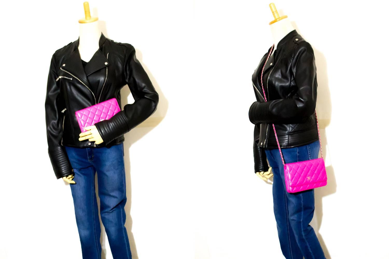 CHANEL Wallet On Chain WOC Hot Pink Shoulder Bag Crossbody Clutch 4