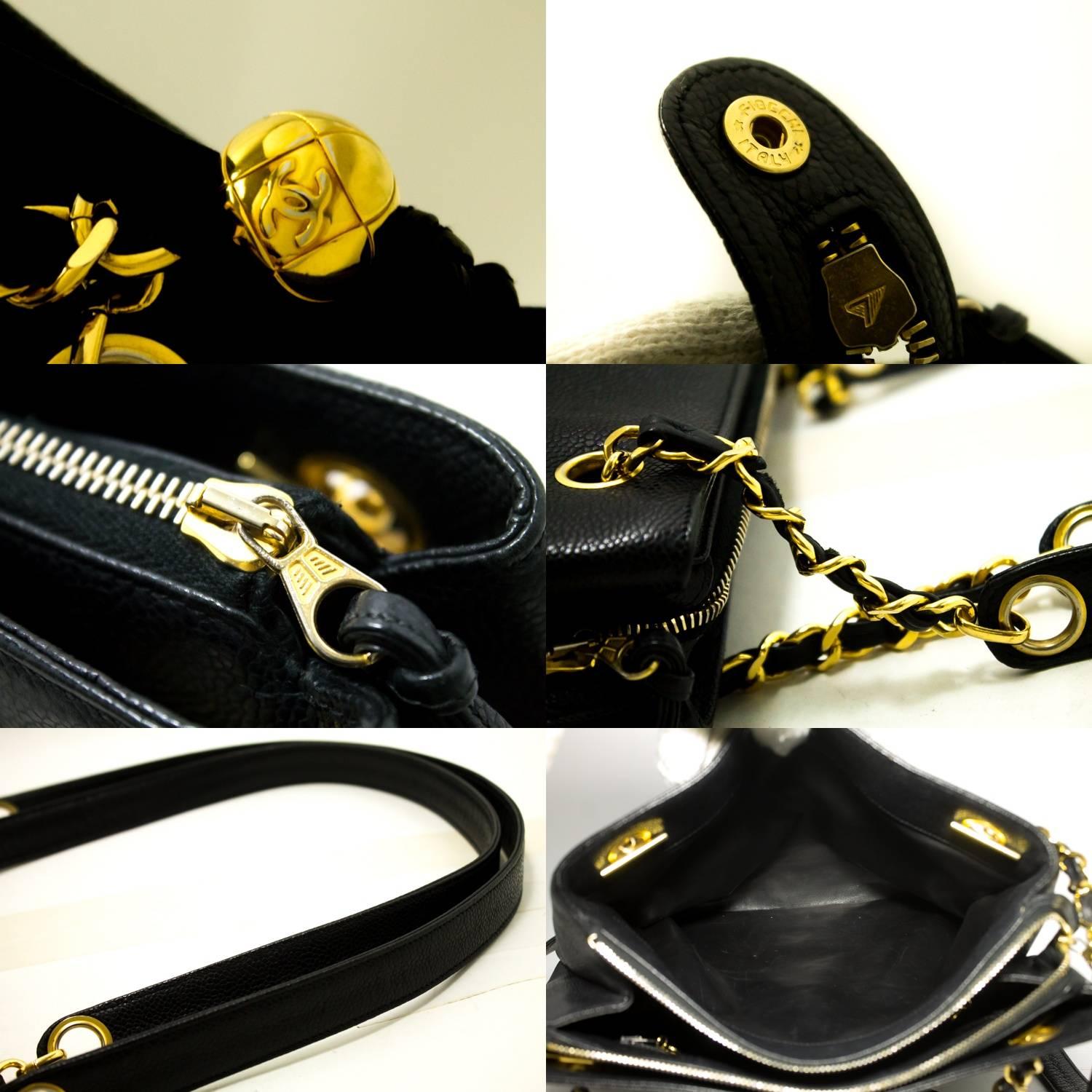 CHANEL Caviar Large Chain Shoulder Bag Black Leather Gold Zipper 4
