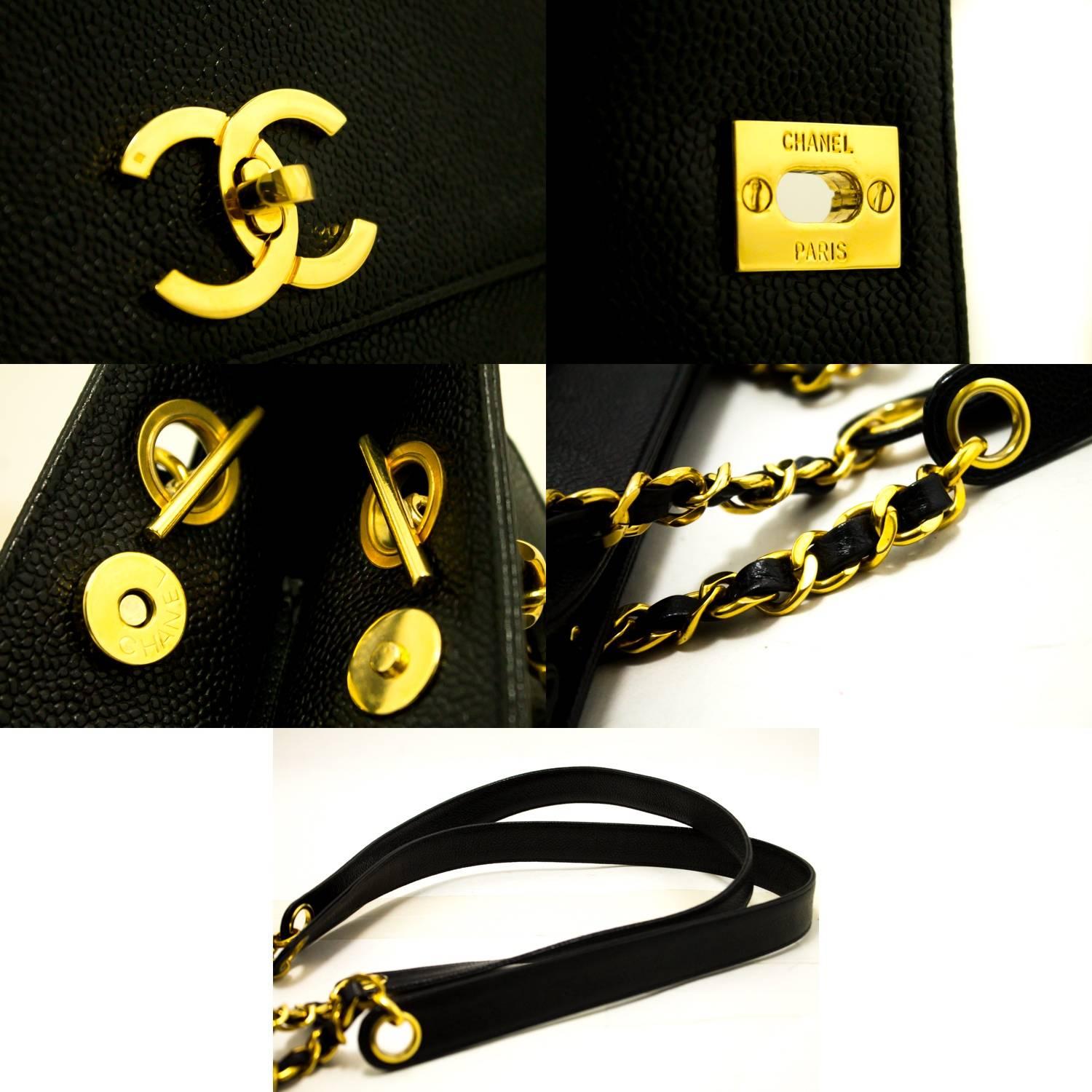 CHANEL Caviar Chain Shoulder Bag Black Leather Gold Hw CC Pocket 3