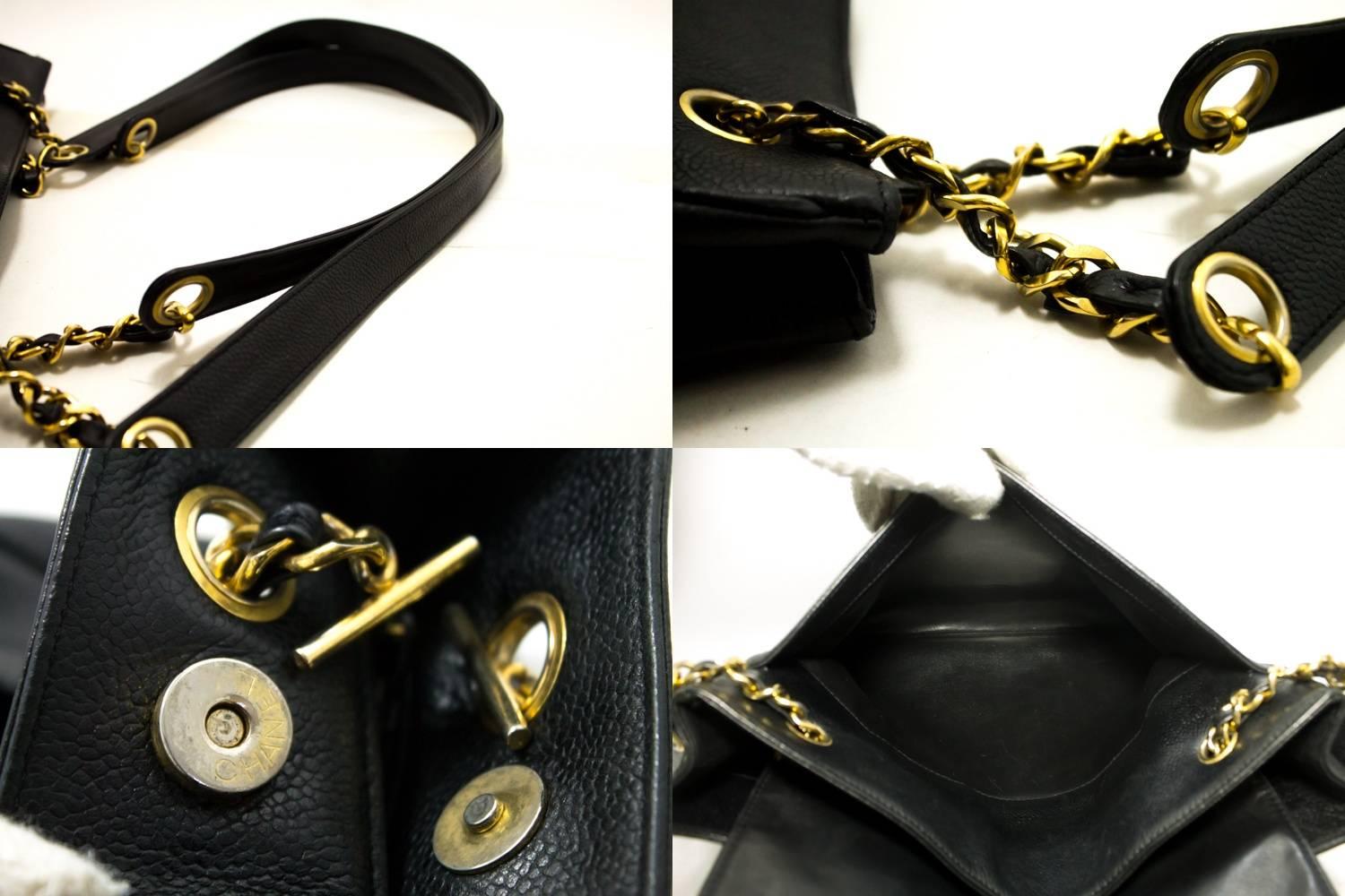 CHANEL Caviar Large Chain Shoulder Bag Black CC Leather Gold 4