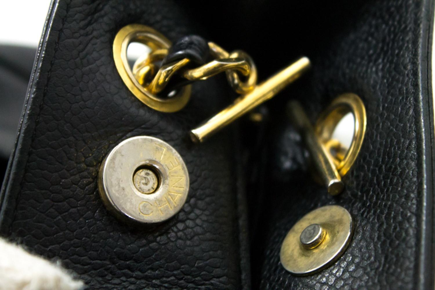 CHANEL Caviar Large Chain Shoulder Bag Black CC Leather Gold 10