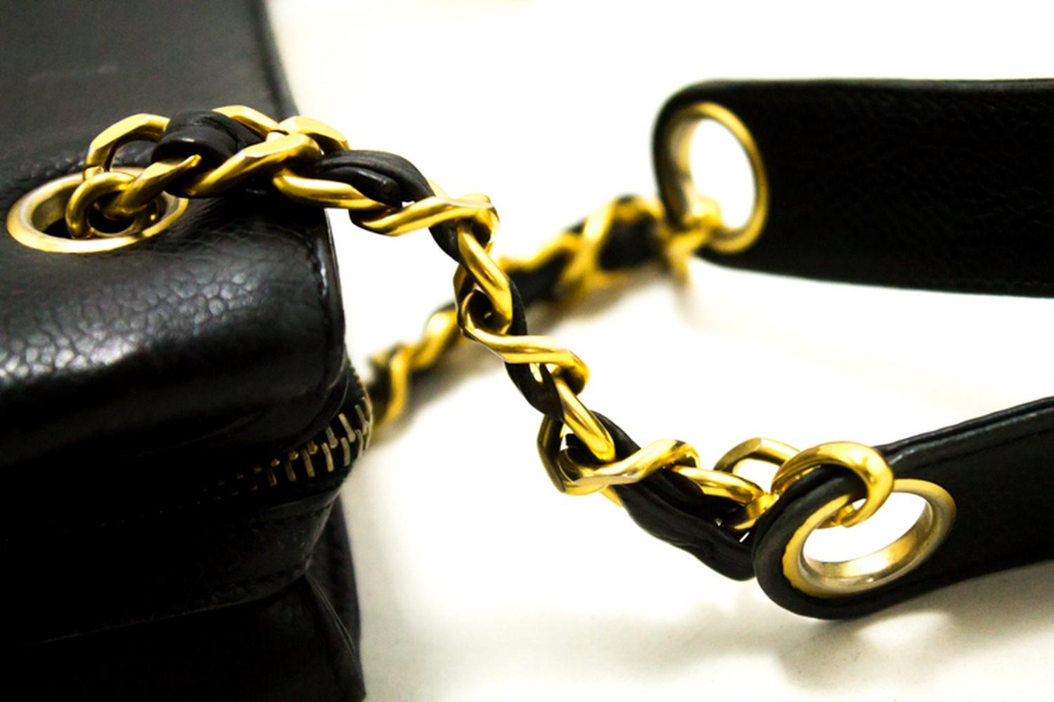 CHANEL Caviar Large Chain Shoulder Bag Black Leather Gold Zipper 9