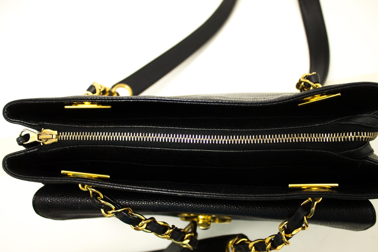 CHANEL Caviar Large Chain Shoulder Bag Black Leather Gold Zipper 5