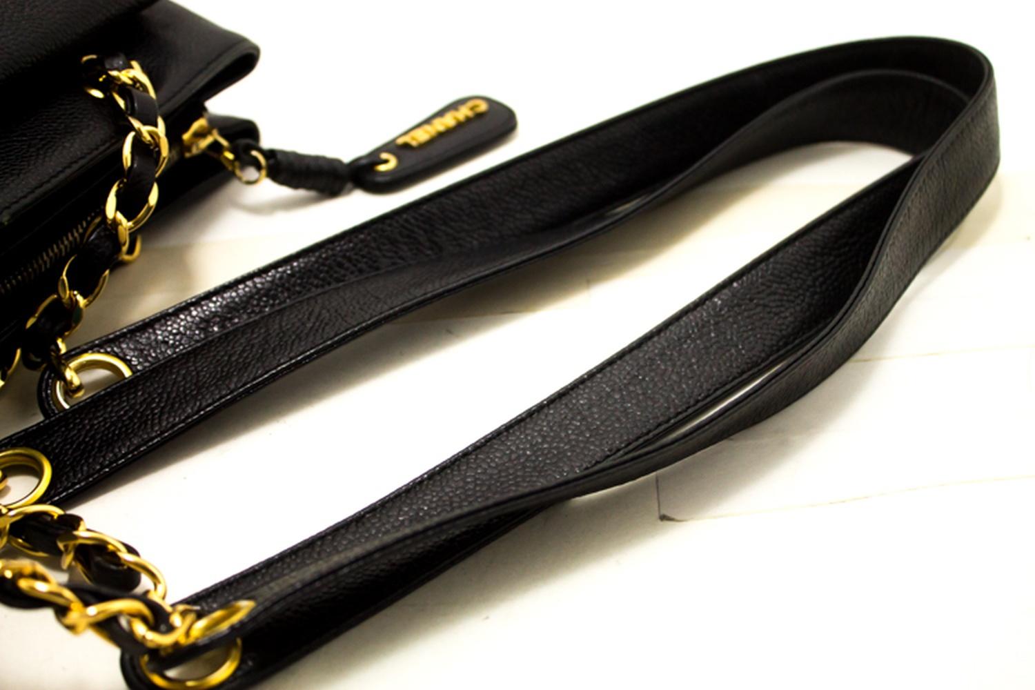 CHANEL Caviar Large Chain Shoulder Bag Black Leather Gold Zipper 10